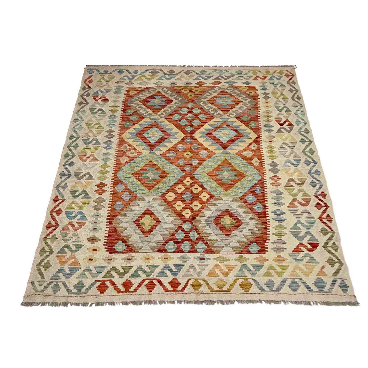 Multi Color ful Flat-Weave Wool Kilim 4' 9" x 6' 7" ft / 146 x 201 cm - No. Y39098