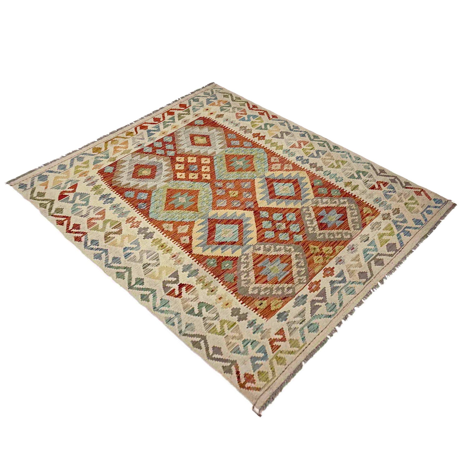 Multi Color ful Flat-Weave Wool Kilim 4' 9" x 6' 7" ft / 146 x 201 cm - No. Y39098