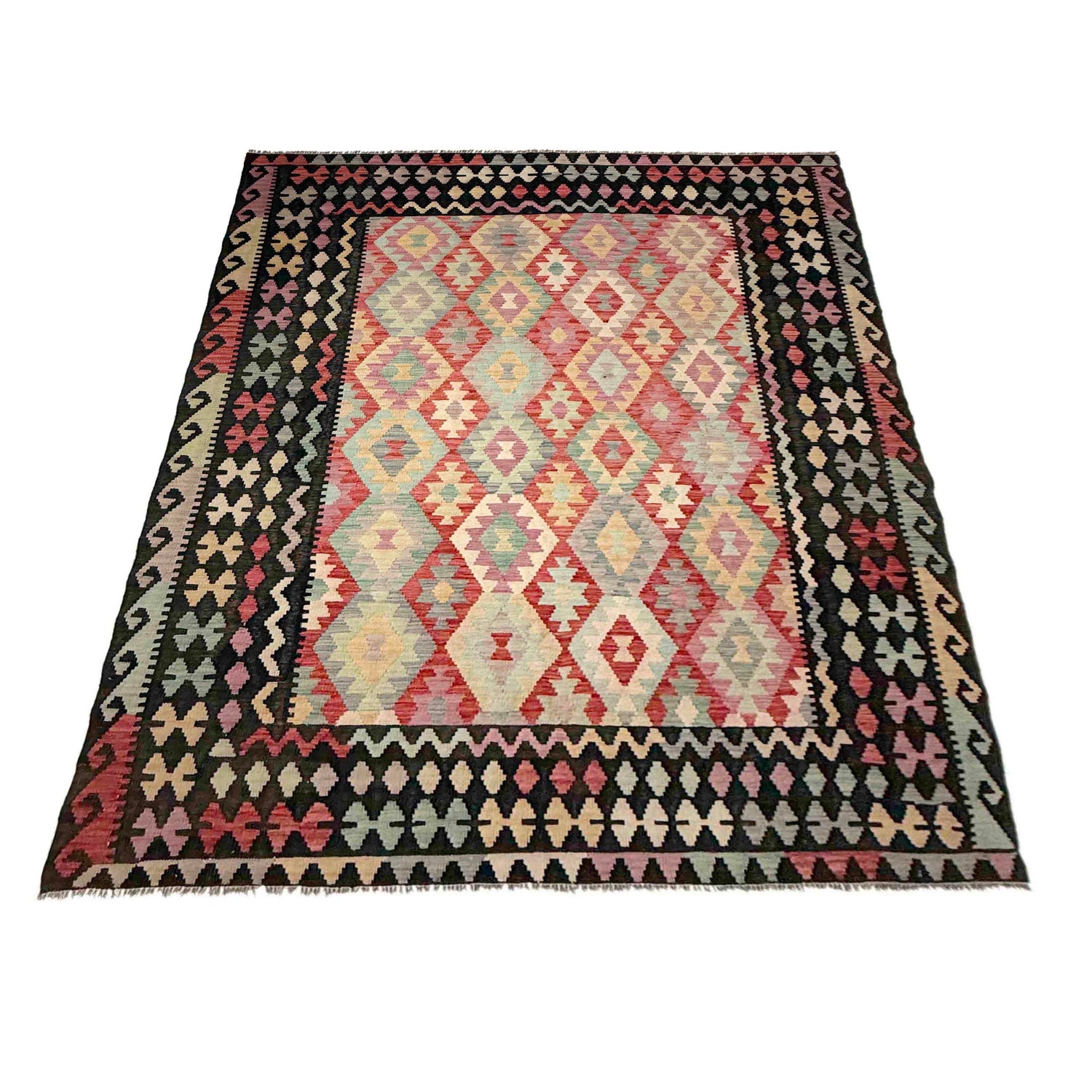 Multi Color ful Flat-Weave Wool Kilim 6' 8" x 9' 5" ft / 203 x 287 cm - No. Y39119