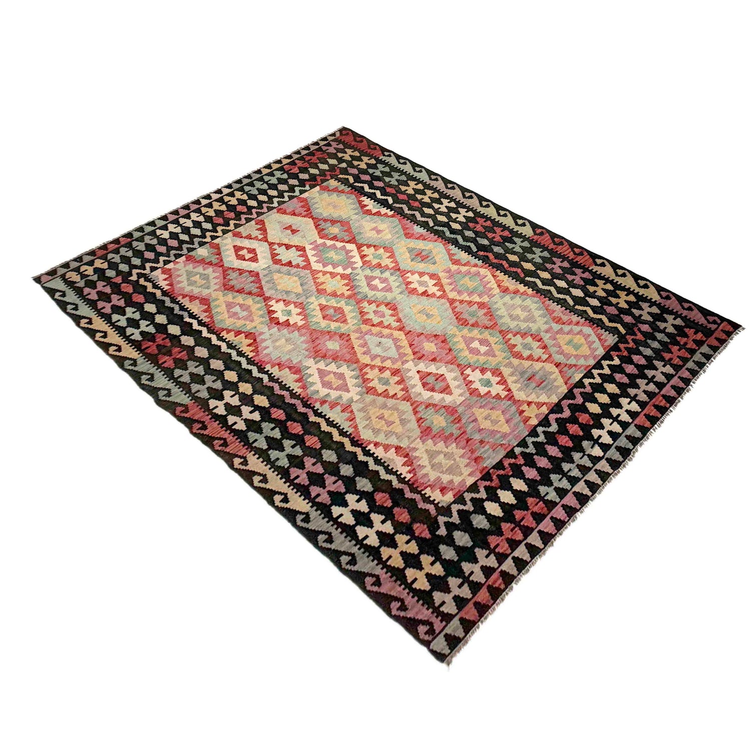 Multi Color ful Flat-Weave Wool Kilim 6' 8" x 9' 5" ft / 203 x 287 cm - No. Y39119