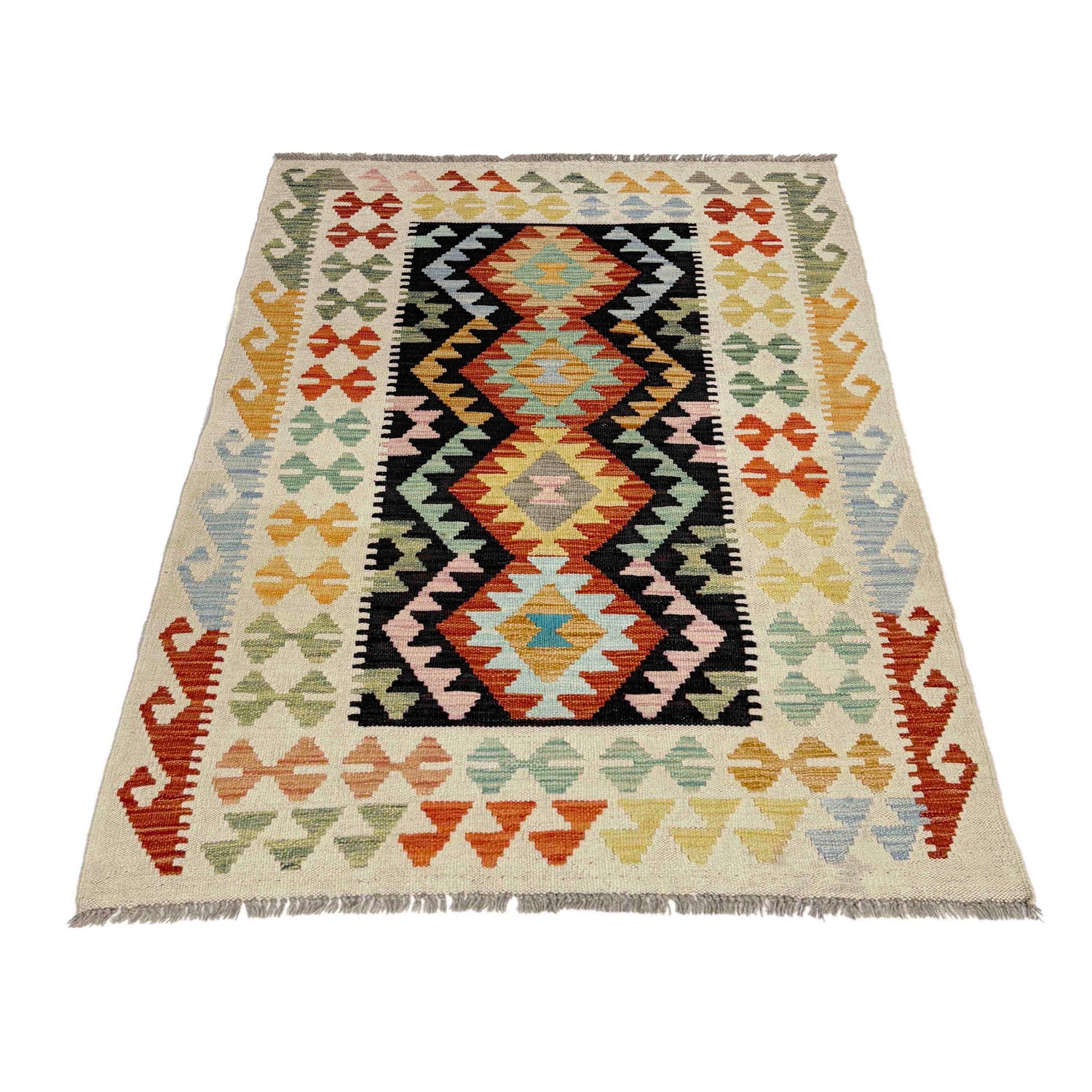 Multi Color ful Flat-Weave Wool Kilim 3' 3" x 4' 10" ft / 99 x 147 cm - No. Y39135