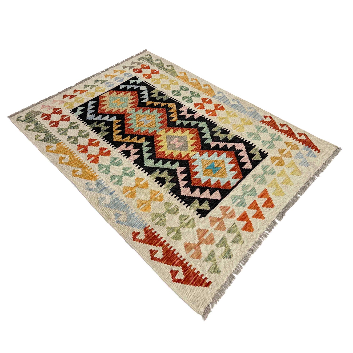 Multi Color ful Flat-Weave Wool Kilim 3' 3" x 4' 10" ft / 99 x 147 cm - No. Y39135