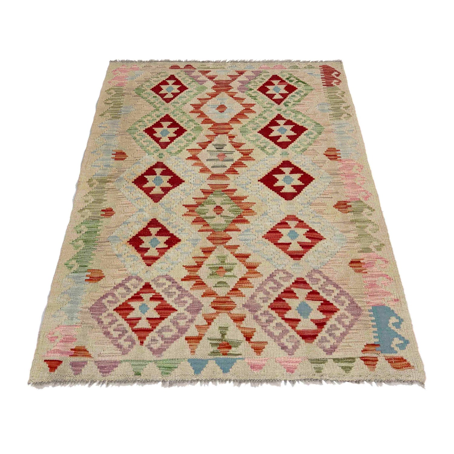 Multi Color ful Flat-Weave Wool Kilim 2' 11" x 4' 5" ft / 90 x 135 cm - No. Y39140