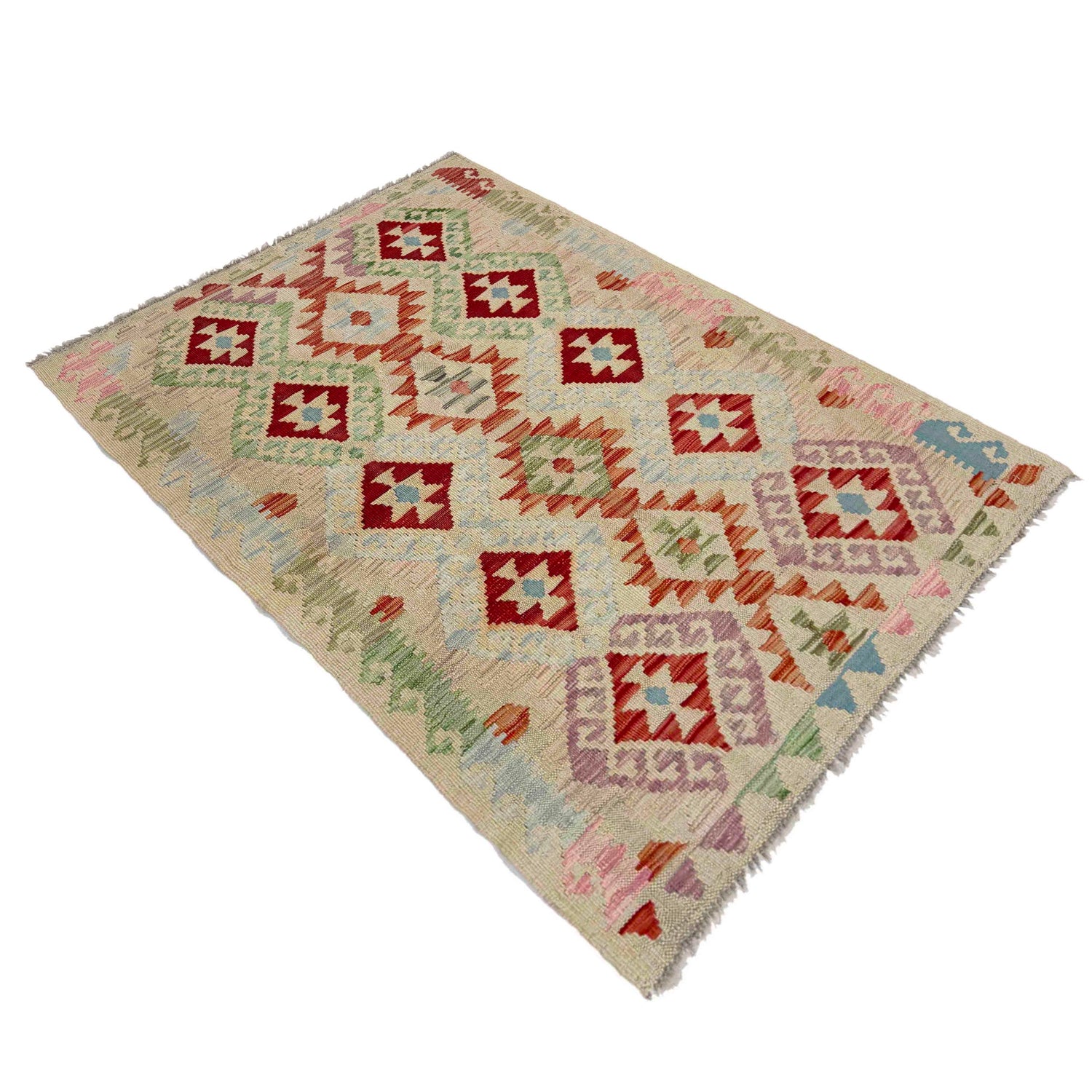 Multi Color ful Flat-Weave Wool Kilim 2' 11" x 4' 5" ft / 90 x 135 cm - No. Y39140