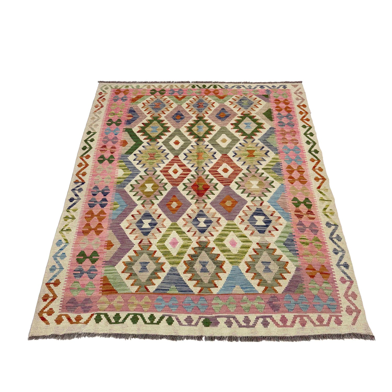 Multi Color ful Flat-Weave Wool Kilim 5' 2" x 6' 9" ft / 158 x 206 cm - No. Y39145