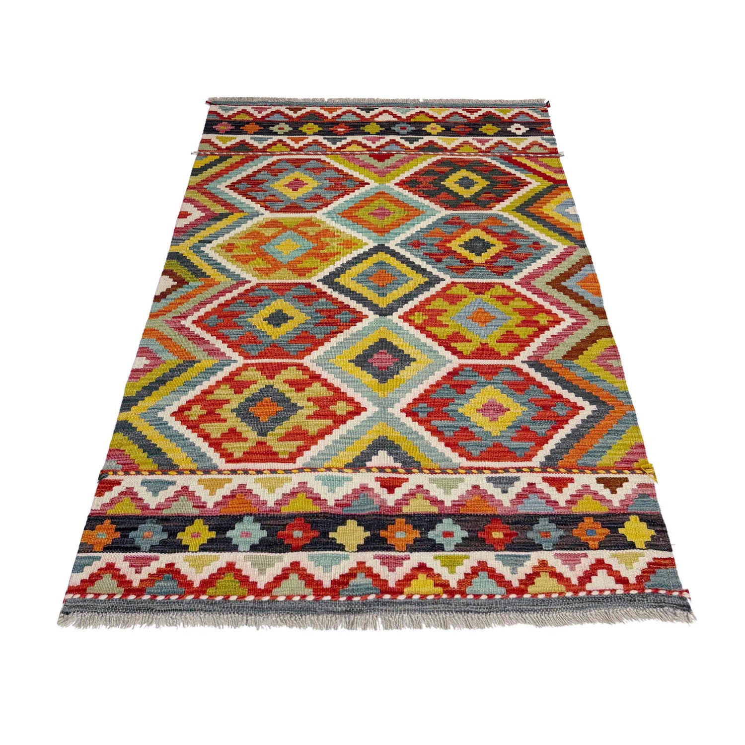 Multi Color ful Flat-Weave Wool Kilim 3' 4" x 4' 11" ft / 101 x 150 cm - No. Y39171