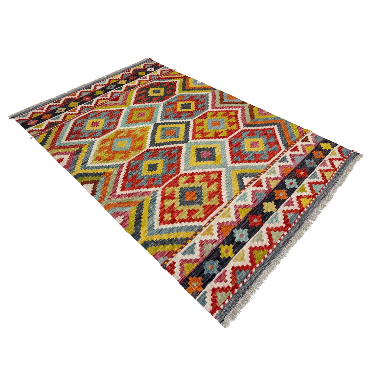 Multi Color ful Flat-Weave Wool Kilim 3' 4" x 4' 11" ft / 101 x 150 cm - No. Y39171