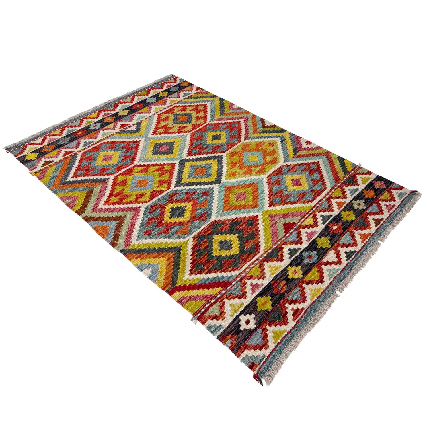 Multi Color ful Flat-Weave Wool Kilim 3' 4" x 4' 11" ft / 101 x 150 cm - No. Y39171
