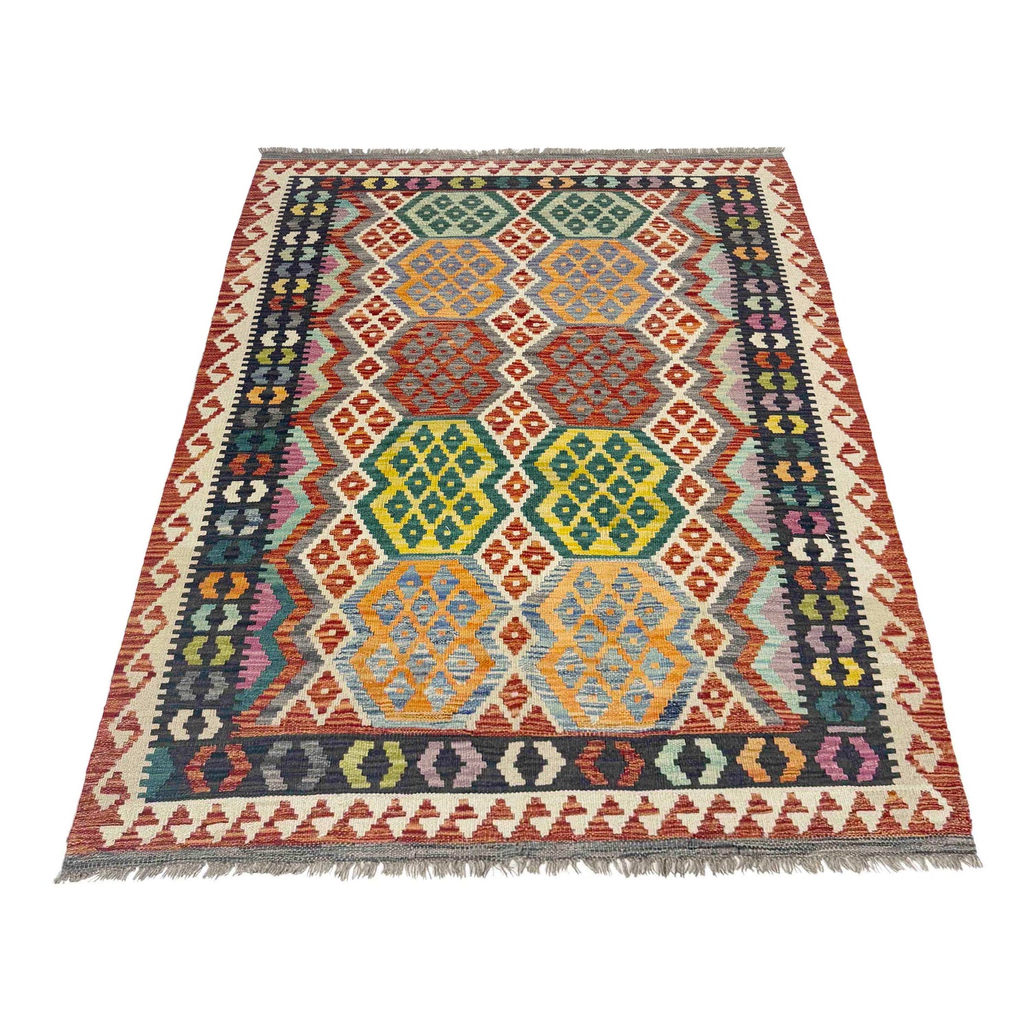 Hand Woven Wool Kelim 4' 2" x 5' 10" ft / 127 x 177 cm - No. Y39183