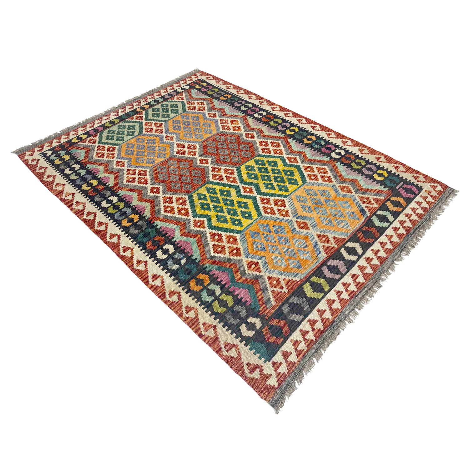 Hand Woven Wool Kelim 4' 2" x 5' 10" ft / 127 x 177 cm - No. Y39183