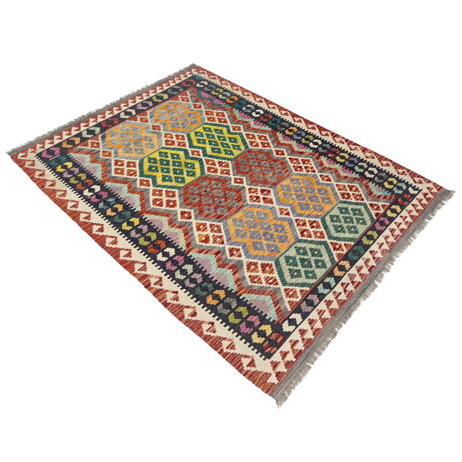 Hand Woven Wool Kelim 4' 2" x 5' 10" ft / 127 x 177 cm - No. Y39183