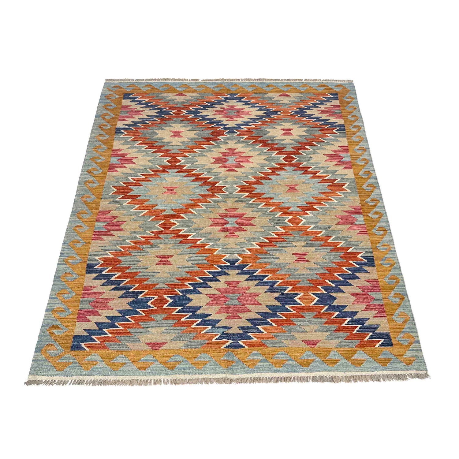 Multi Color ful Flat-Weave Wool Kilim 5' 0" x 6' 9" ft / 152 x 205 cm - No. Y39209