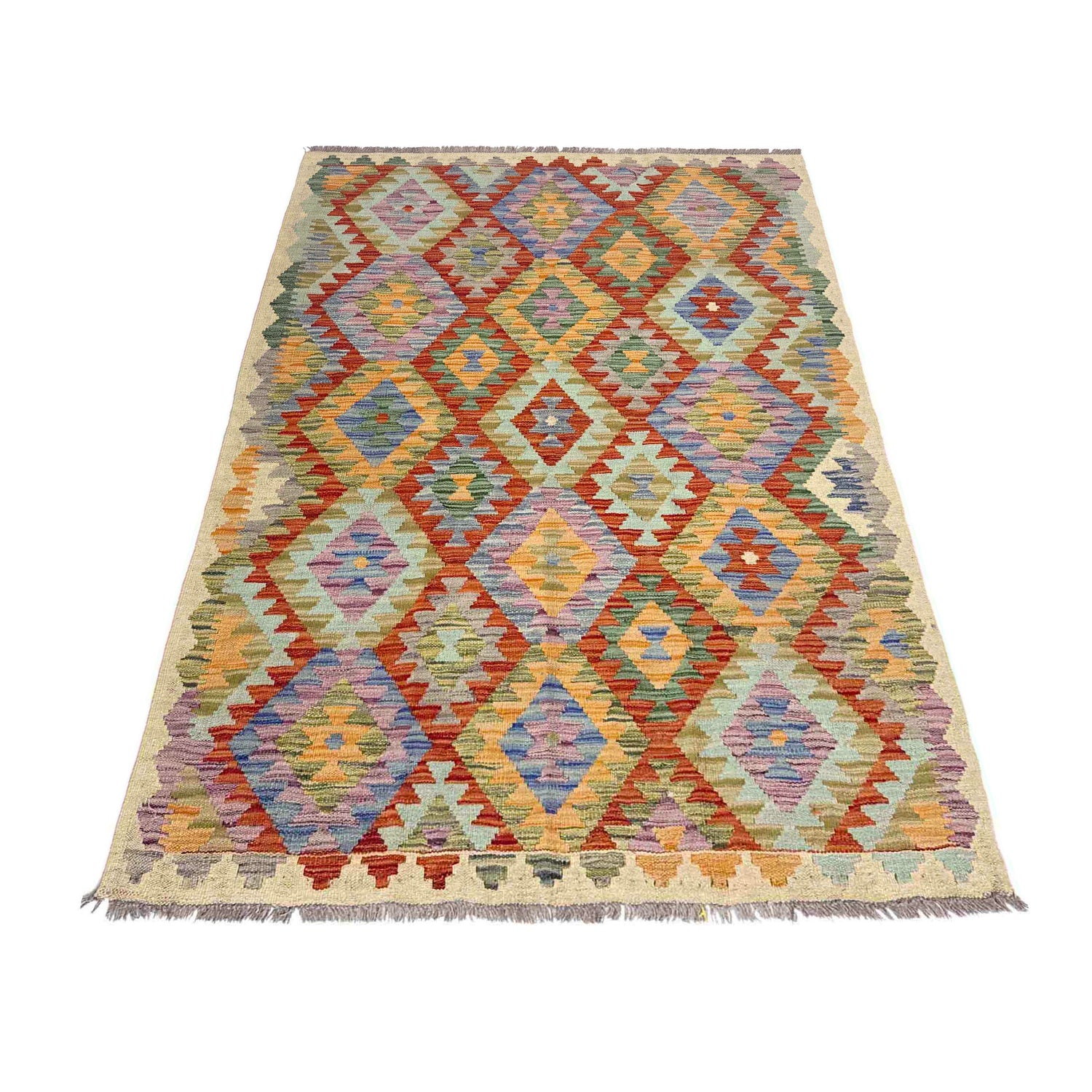Multi Color ful Flat-Weave Wool Kilim 3' 11" x 5' 11" ft / 120 x 180 cm - No. Y39216