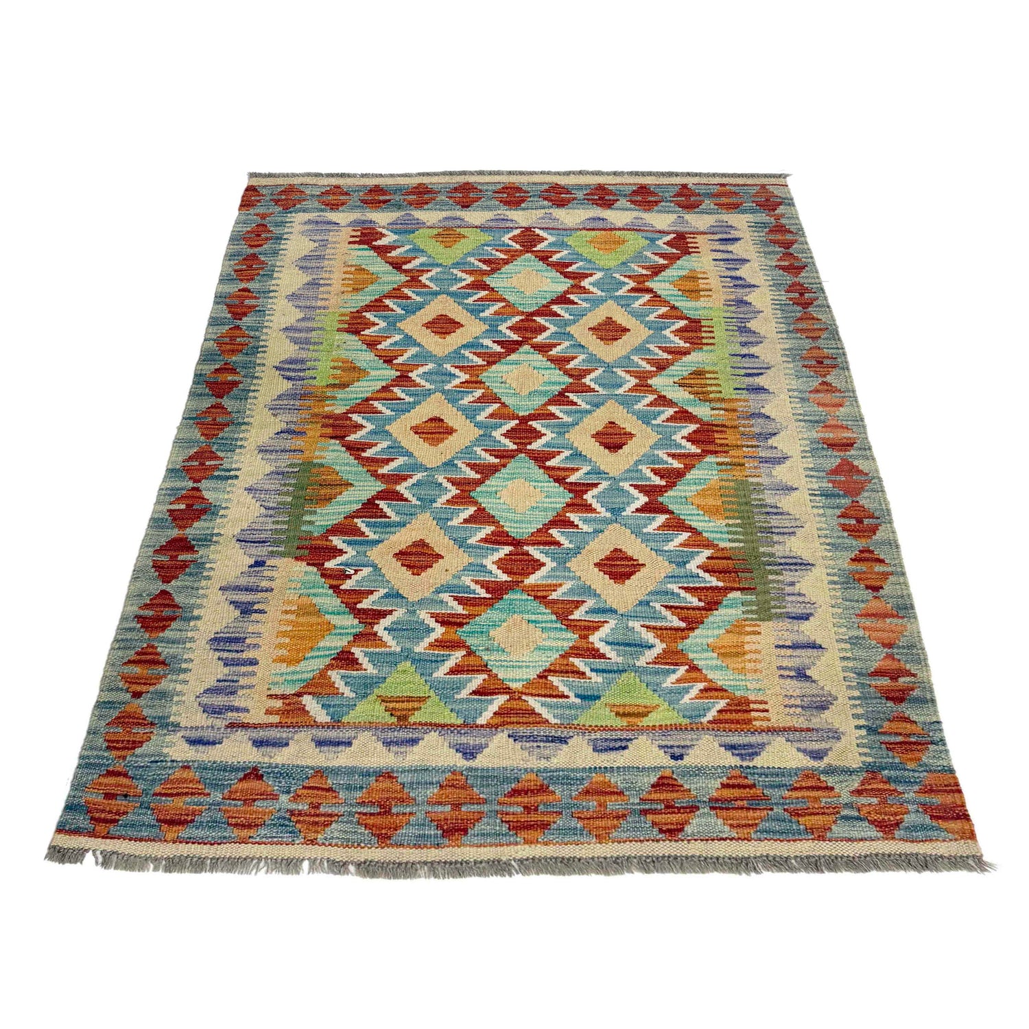 Multi Color ful Flat-Weave Wool Kilim 3' 4" x 4' 10" ft / 101 x 148 cm - No. Y39224