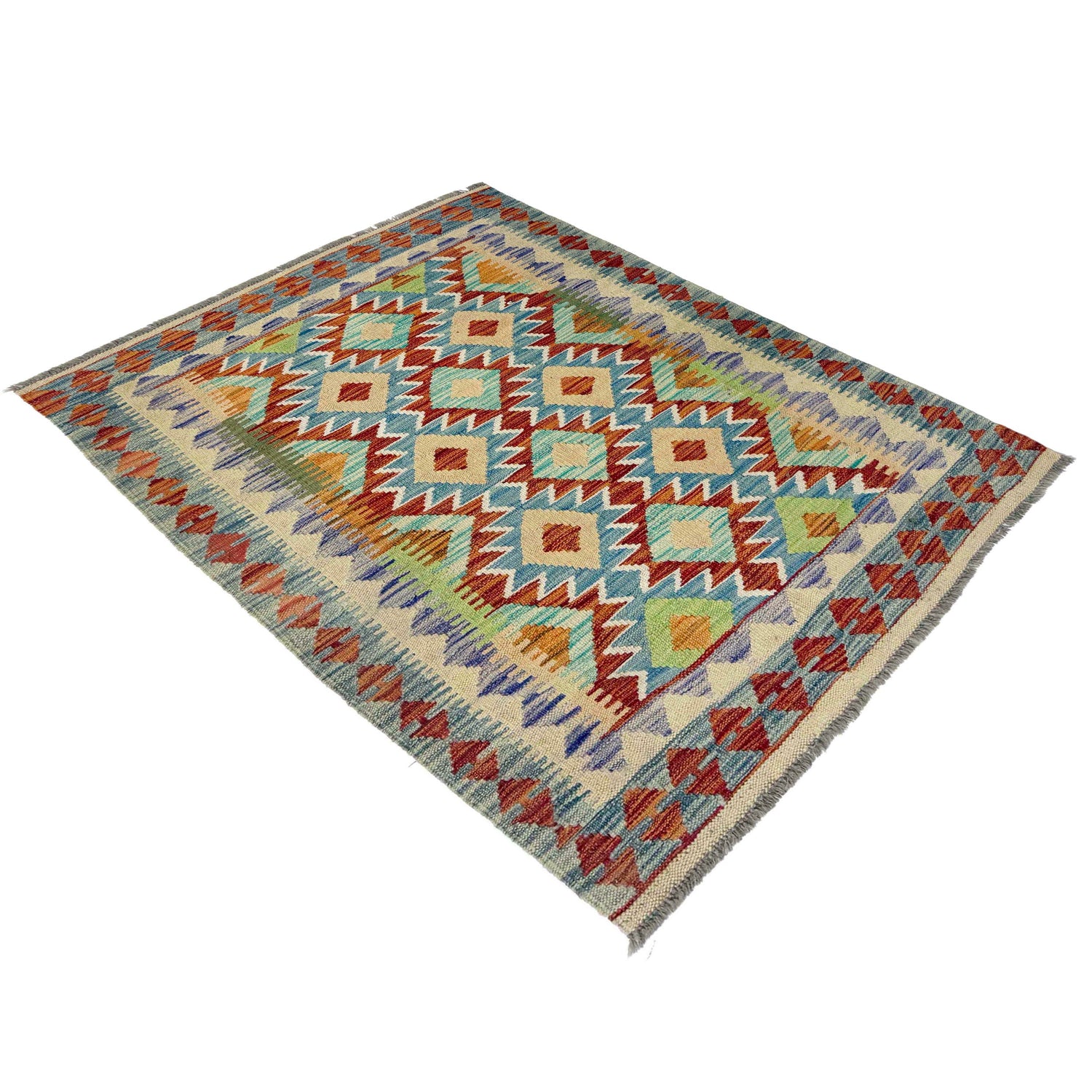 Multi Color ful Flat-Weave Wool Kilim 3' 4" x 4' 10" ft / 101 x 148 cm - No. Y39224