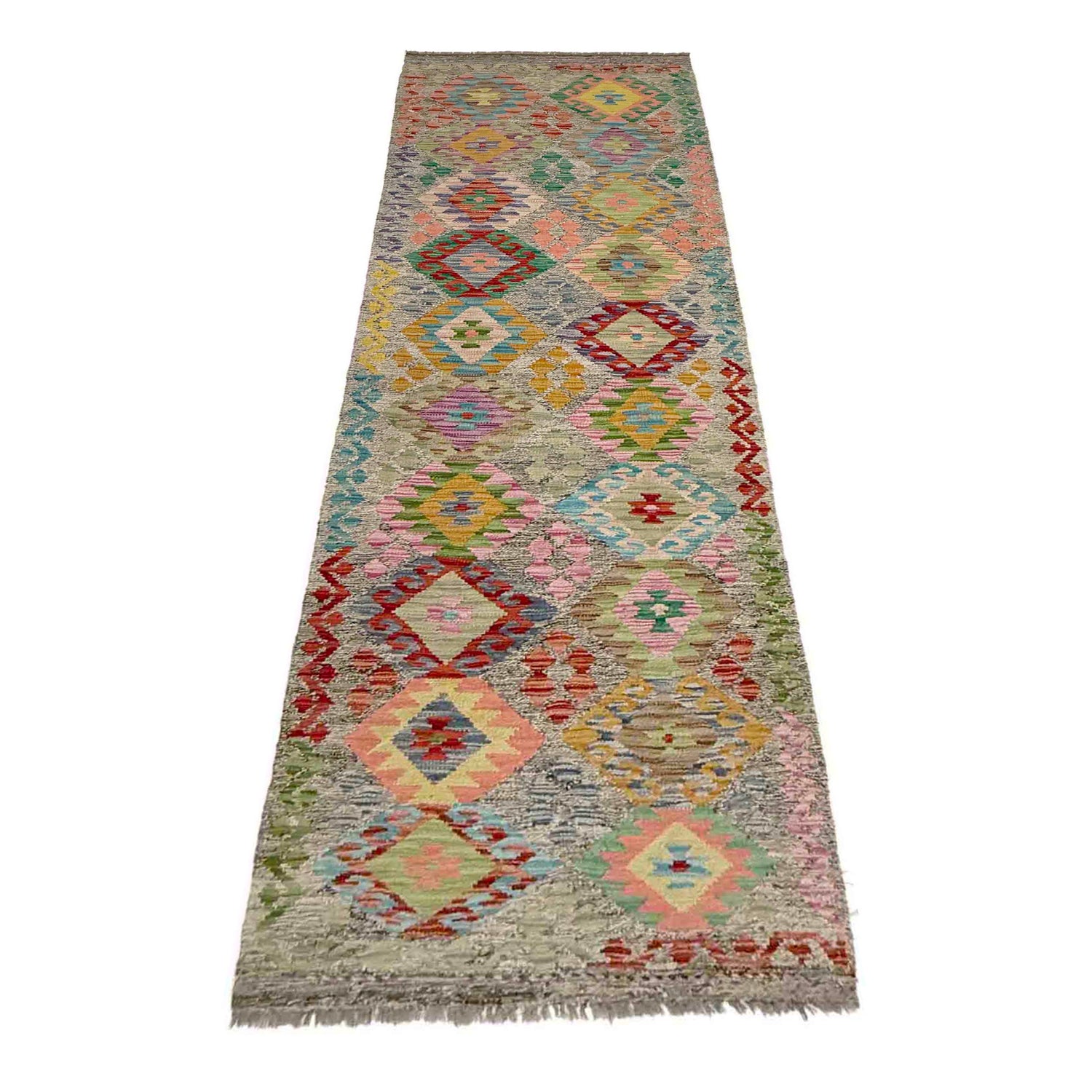 Multi Color ful Flat-Weave Wool Kilim Runner 2' 11" x 9' 11" ft / 90 x 303 cm - No. Y39282