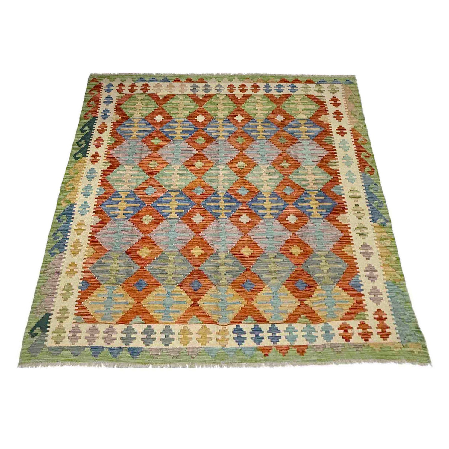 Multi Color ful Flat-Weave Wool Kilim 6' 0" x 7' 5" ft / 184 x 227 cm - No. Y39317