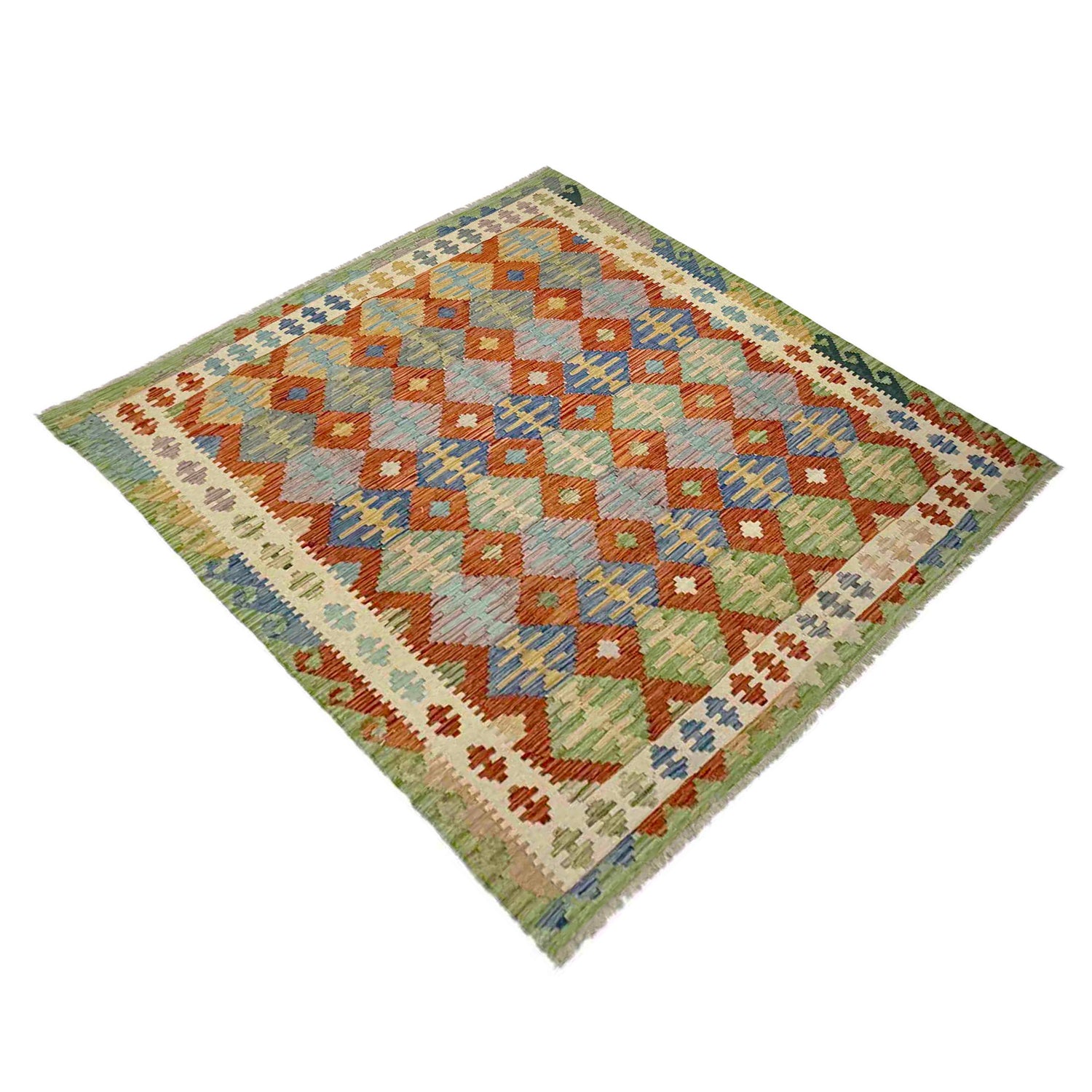 Multi Color ful Flat-Weave Wool Kilim 6' 0" x 7' 5" ft / 184 x 227 cm - No. Y39317