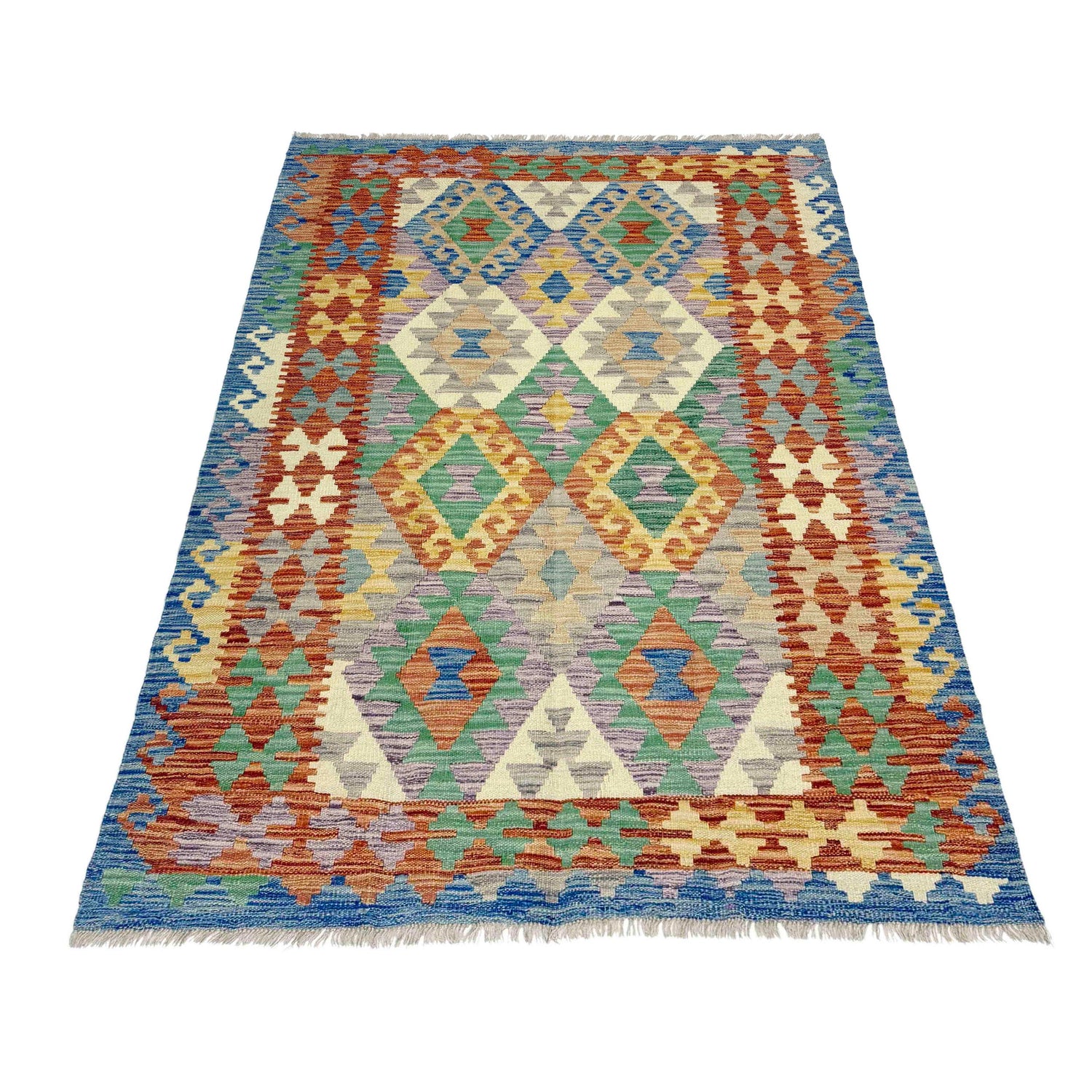 Multi Color ful Flat-Weave Wool Kilim 3' 11" x 6' 0" ft / 120 x 183 cm - No. Y39322