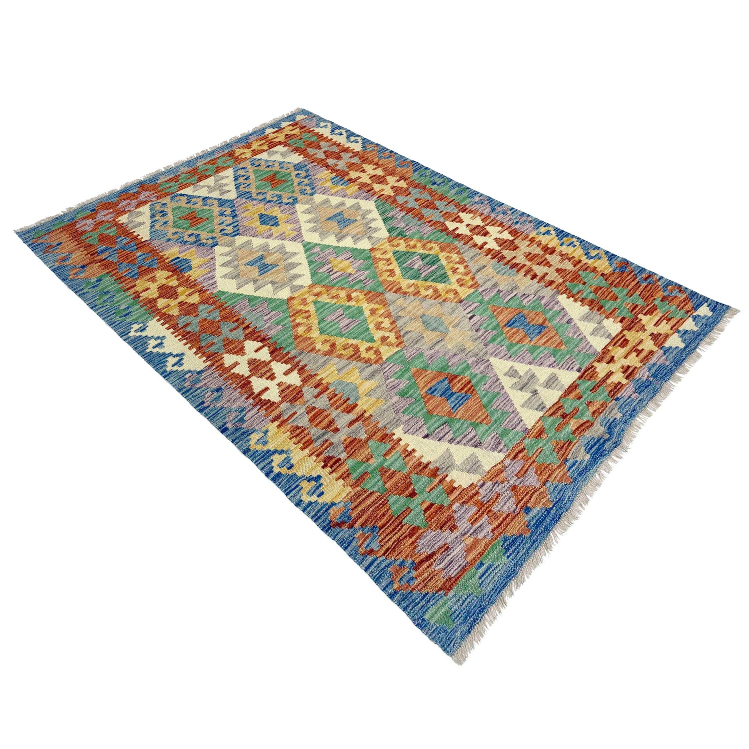 Multi Color ful Flat-Weave Wool Kilim 3' 11" x 6' 0" ft / 120 x 183 cm - No. Y39322