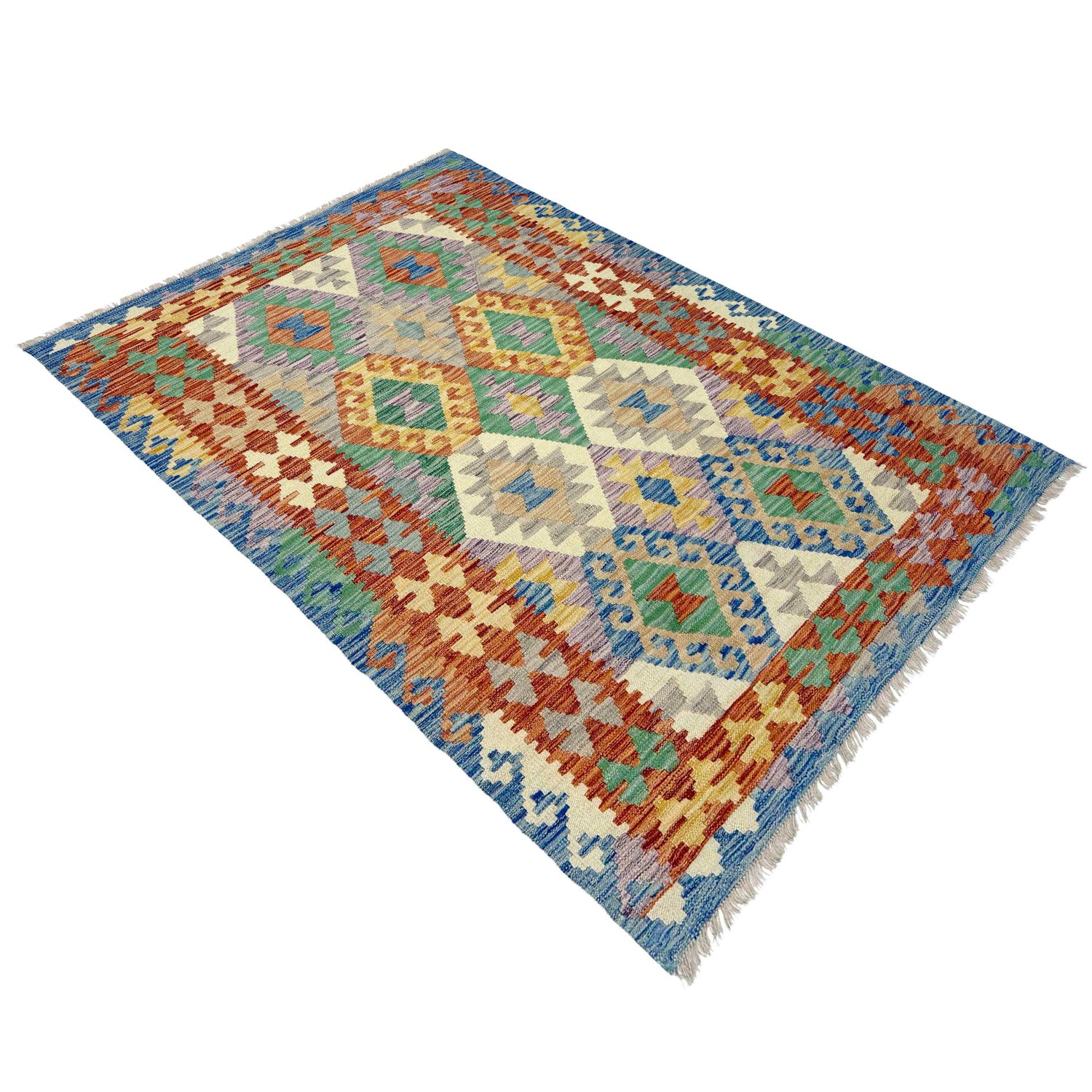 Multi Color ful Flat-Weave Wool Kilim 3' 11" x 6' 0" ft / 120 x 183 cm - No. Y39322