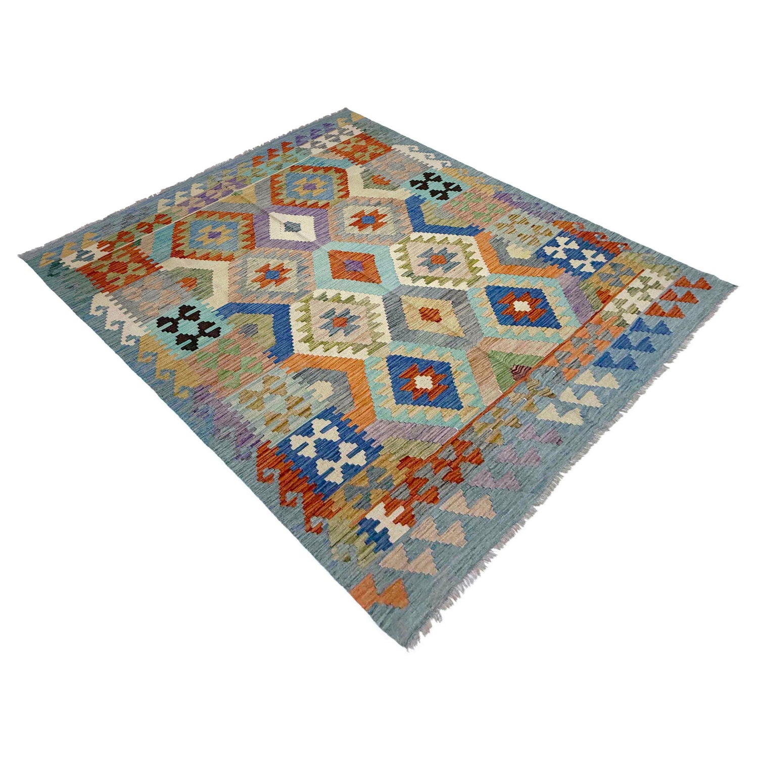 Multi Color ful Flat-Weave Wool Kilim 5' 10" x 7' 6" ft / 178 x 229 cm - No. Y39336