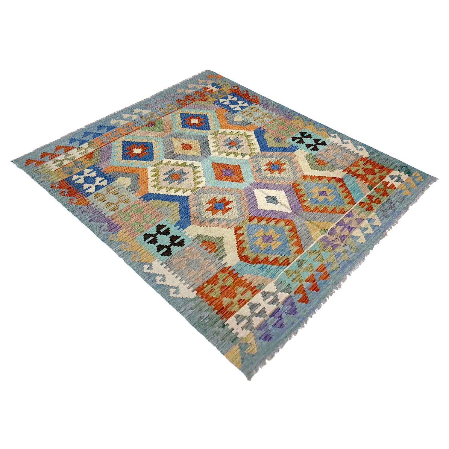 Multi Color ful Flat-Weave Wool Kilim 5' 10" x 7' 6" ft / 178 x 229 cm - No. Y39336