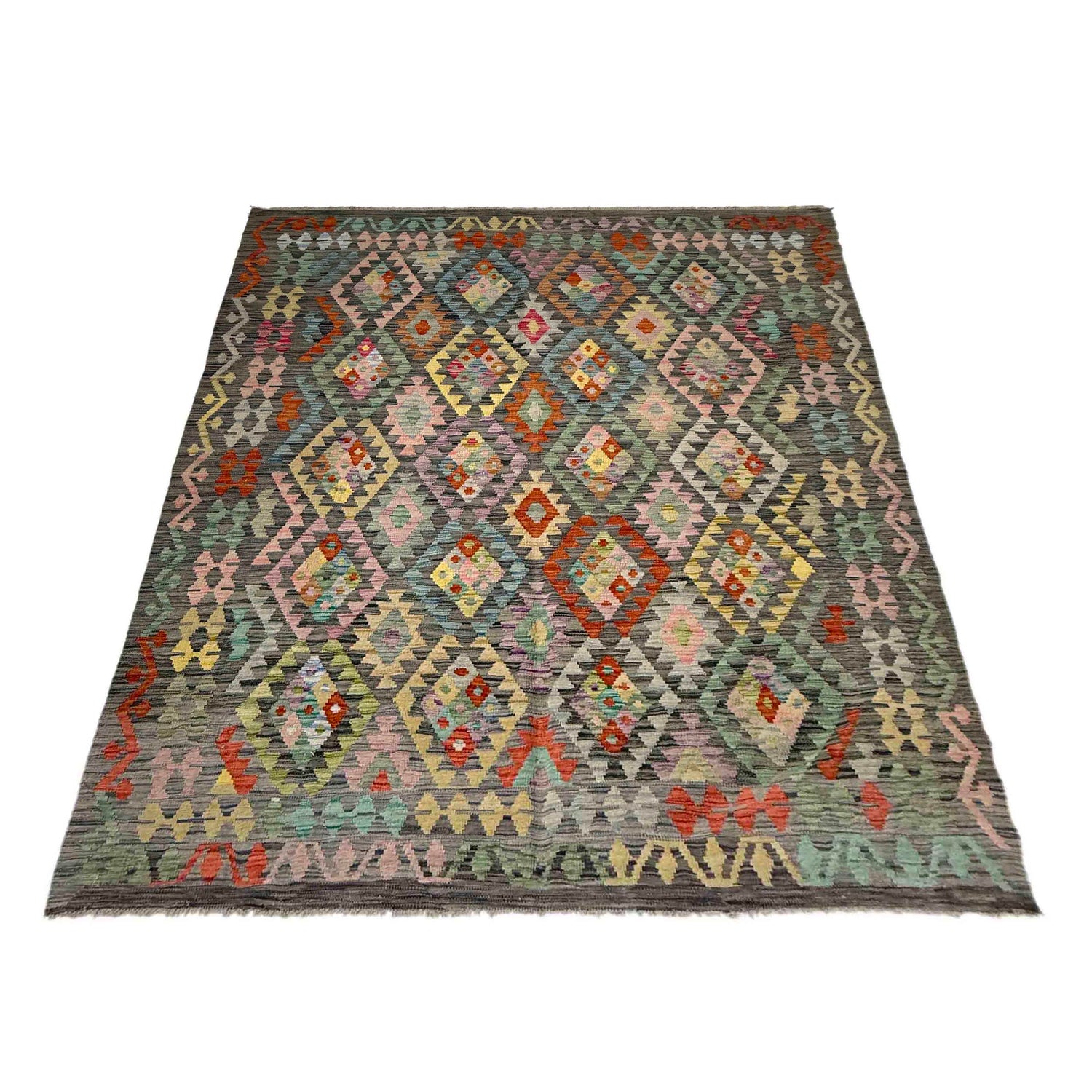 Hand Knotted Afghan Style Kilim 6' 0" x 7' 8" ft / 183 x 233 cm - No. Y39437