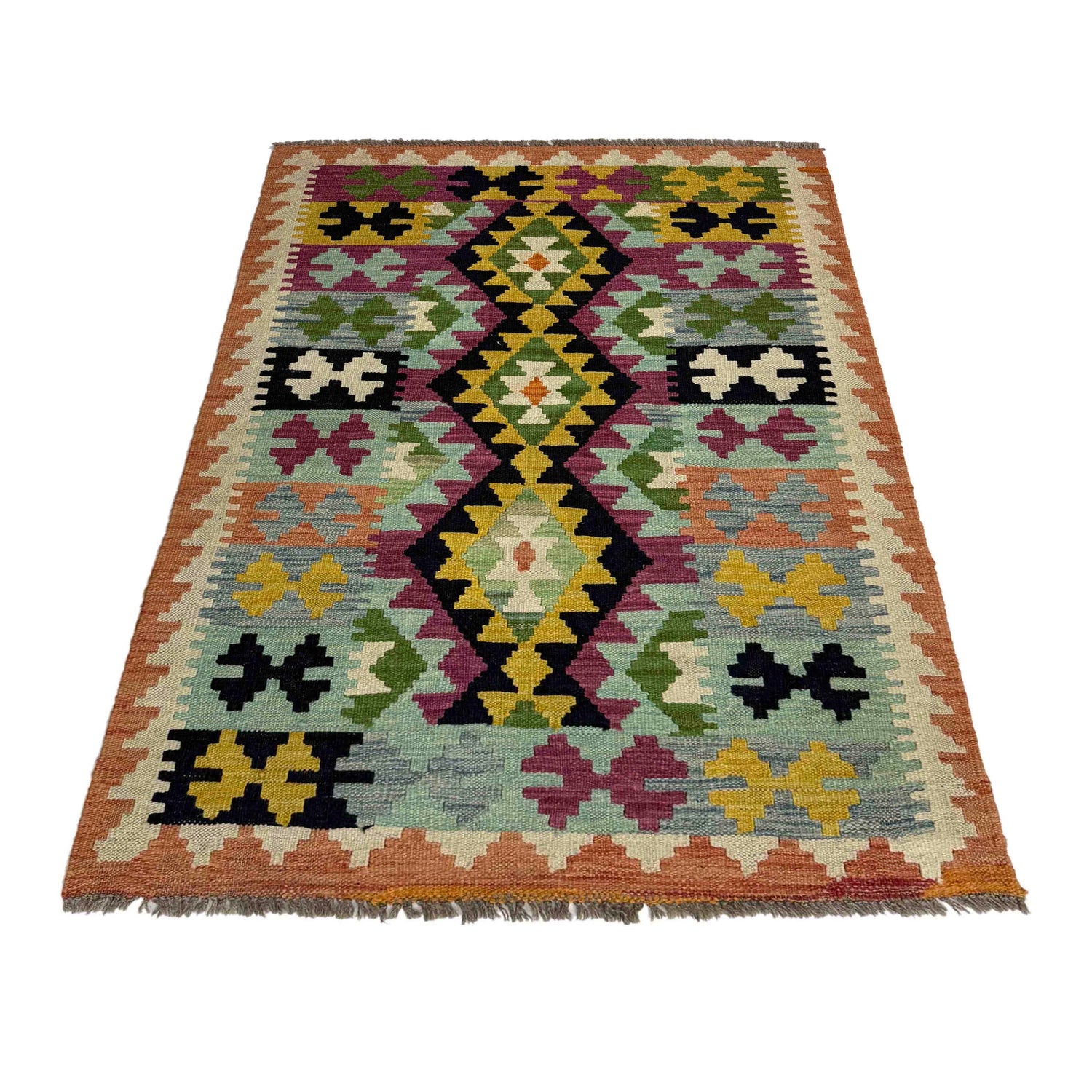 Multi Color ful Flat-Weave Wool Kilim 3' 2" x 4' 10" ft / 96 x 148 cm - No. Y39450