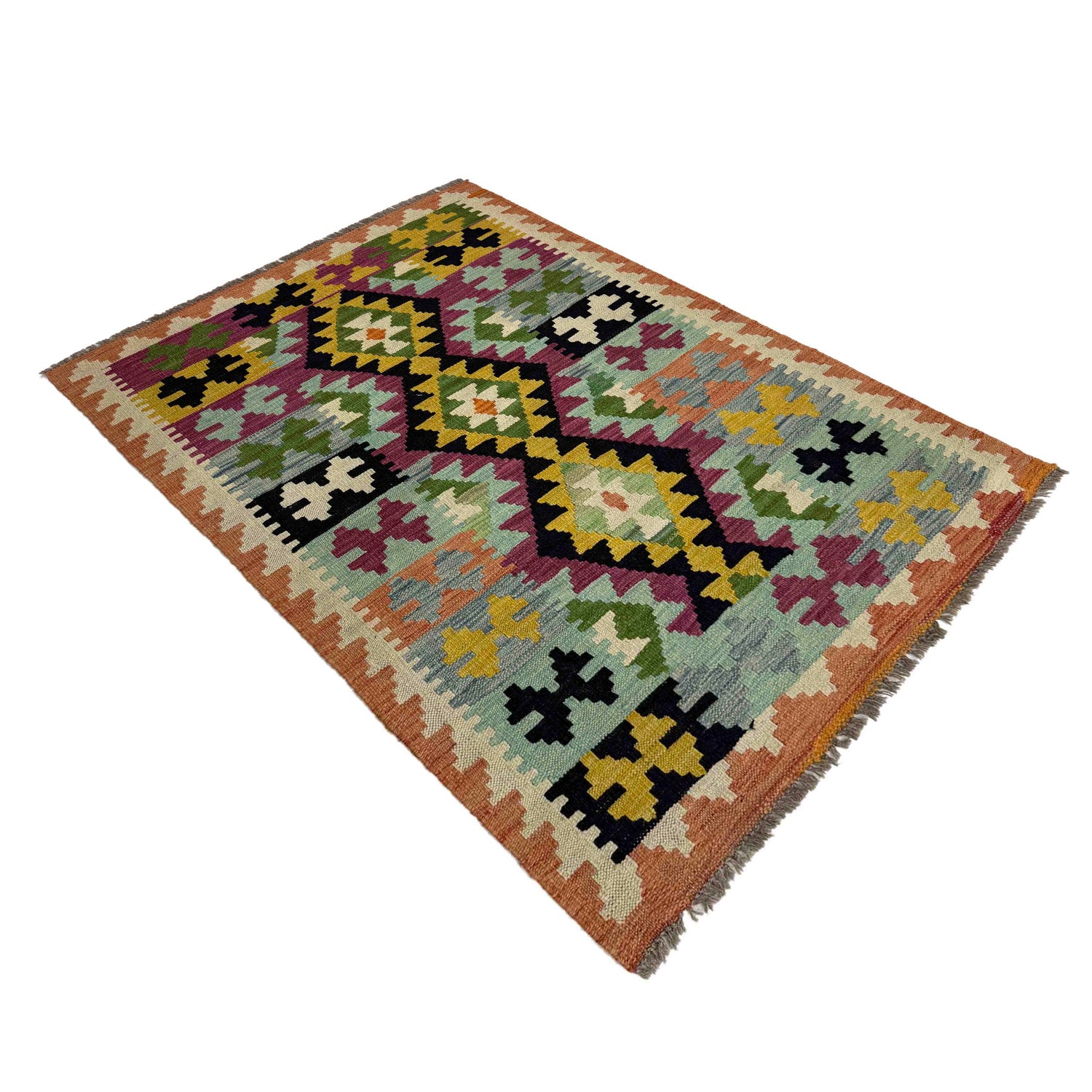 Multi Color ful Flat-Weave Wool Kilim 3' 2" x 4' 10" ft / 96 x 148 cm - No. Y39450