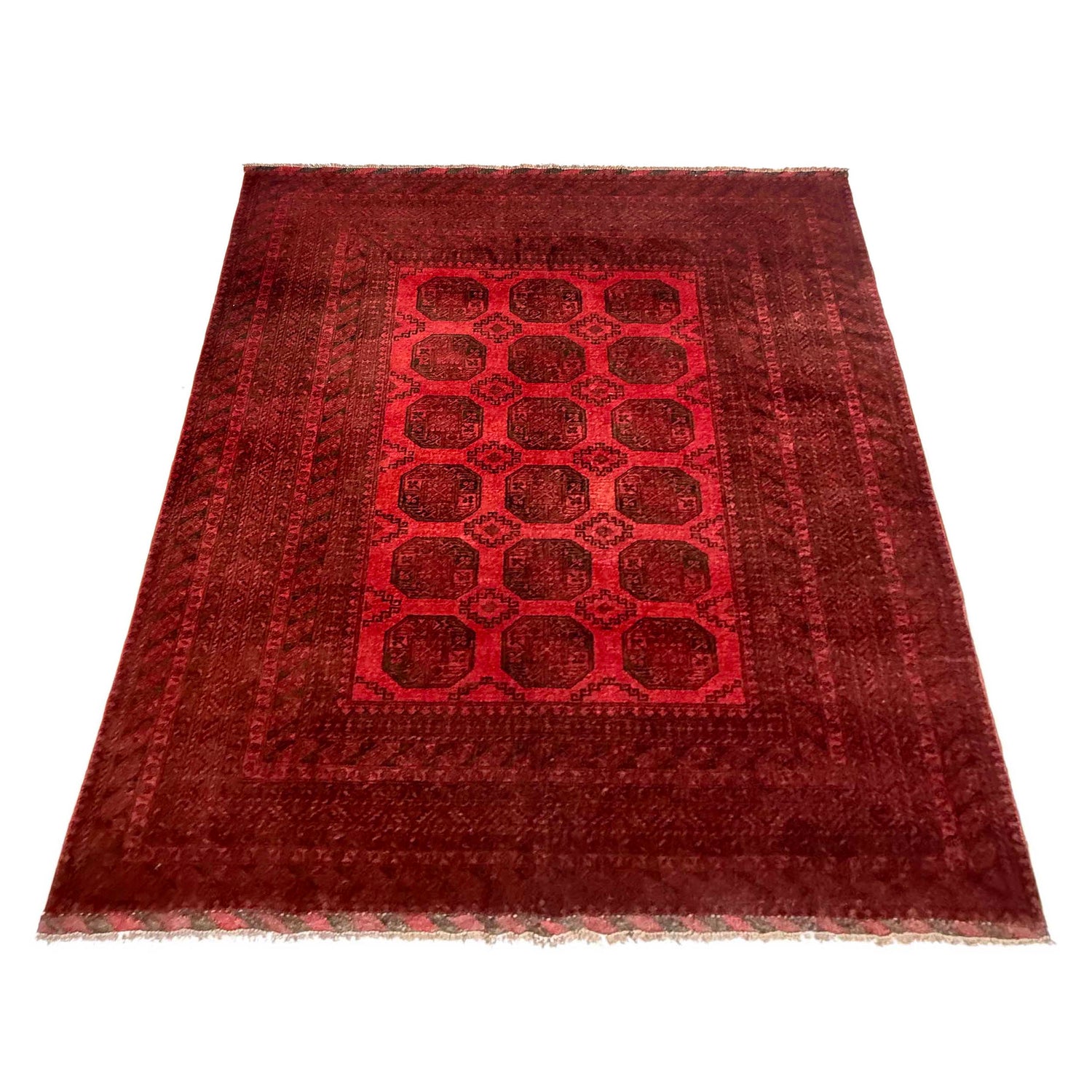 Red Afghan Filpa Area Rug - Handmade Oriental Wool Carpet 6' 8" x 8' 10" ft / 202 x 270 cm - No. Y39455