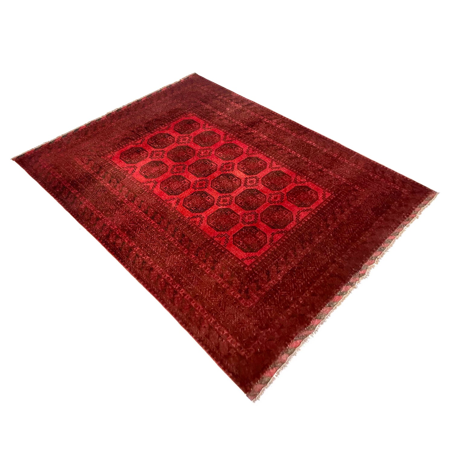 Red Afghan Filpa Area Rug - Handmade Oriental Wool Carpet 6' 8" x 8' 10" ft / 202 x 270 cm - No. Y39455