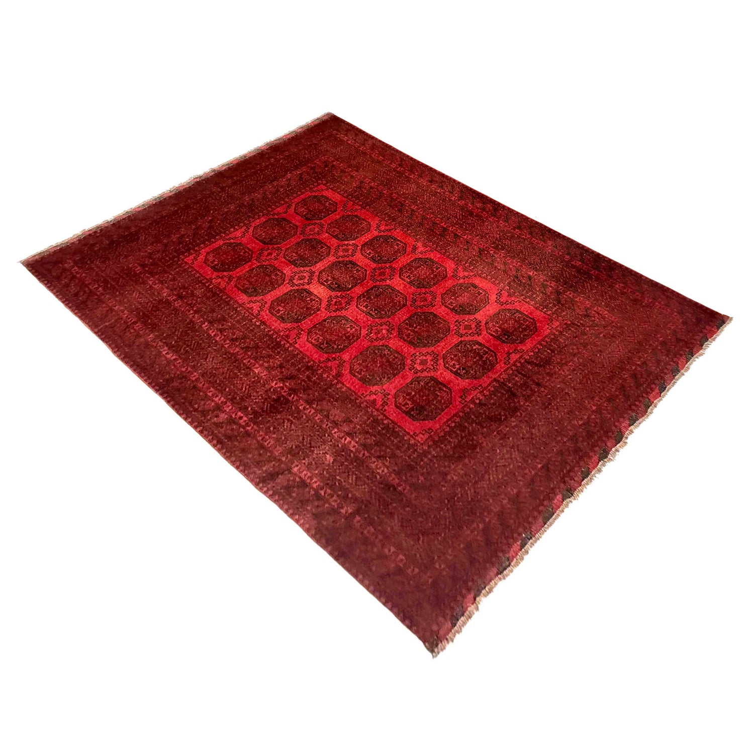 Red Afghan Filpa Area Rug - Handmade Oriental Wool Carpet 6' 8" x 8' 10" ft / 202 x 270 cm - No. Y39455