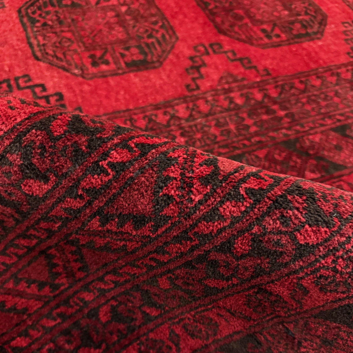 Red Afghan Filpa Area Rug - Handmade Oriental Wool Carpet 6' 8" x 8' 10" ft / 202 x 270 cm - No. Y39455