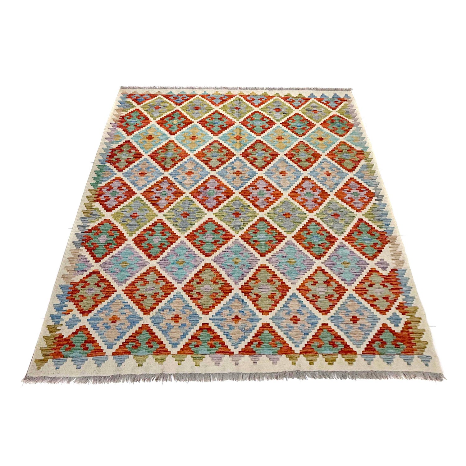 Multi Color ful Flat-Weave Wool Kilim 6' 1" x 7' 11" ft / 186 x 242 cm - No. Y39463