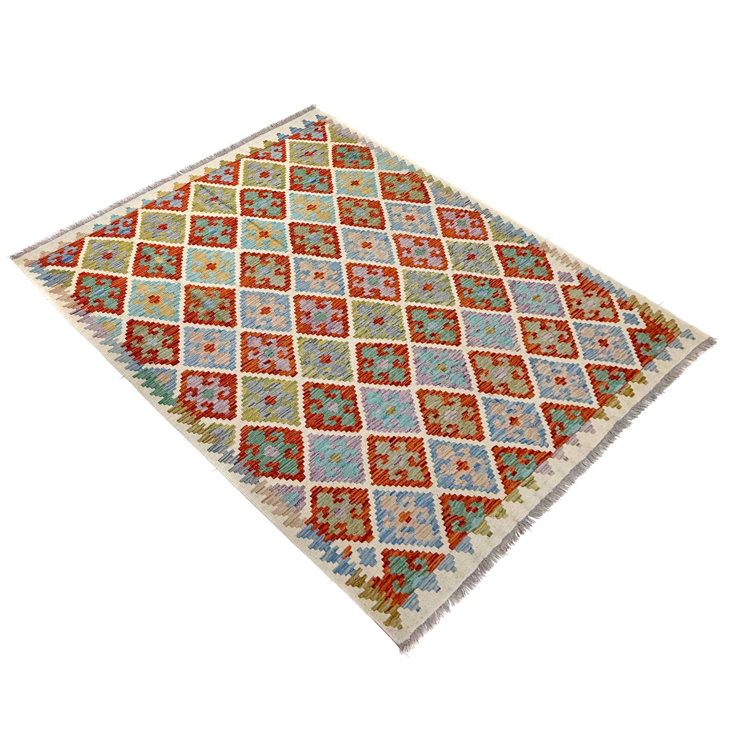 Multi Color ful Flat-Weave Wool Kilim 6' 1" x 7' 11" ft / 186 x 242 cm - No. Y39463