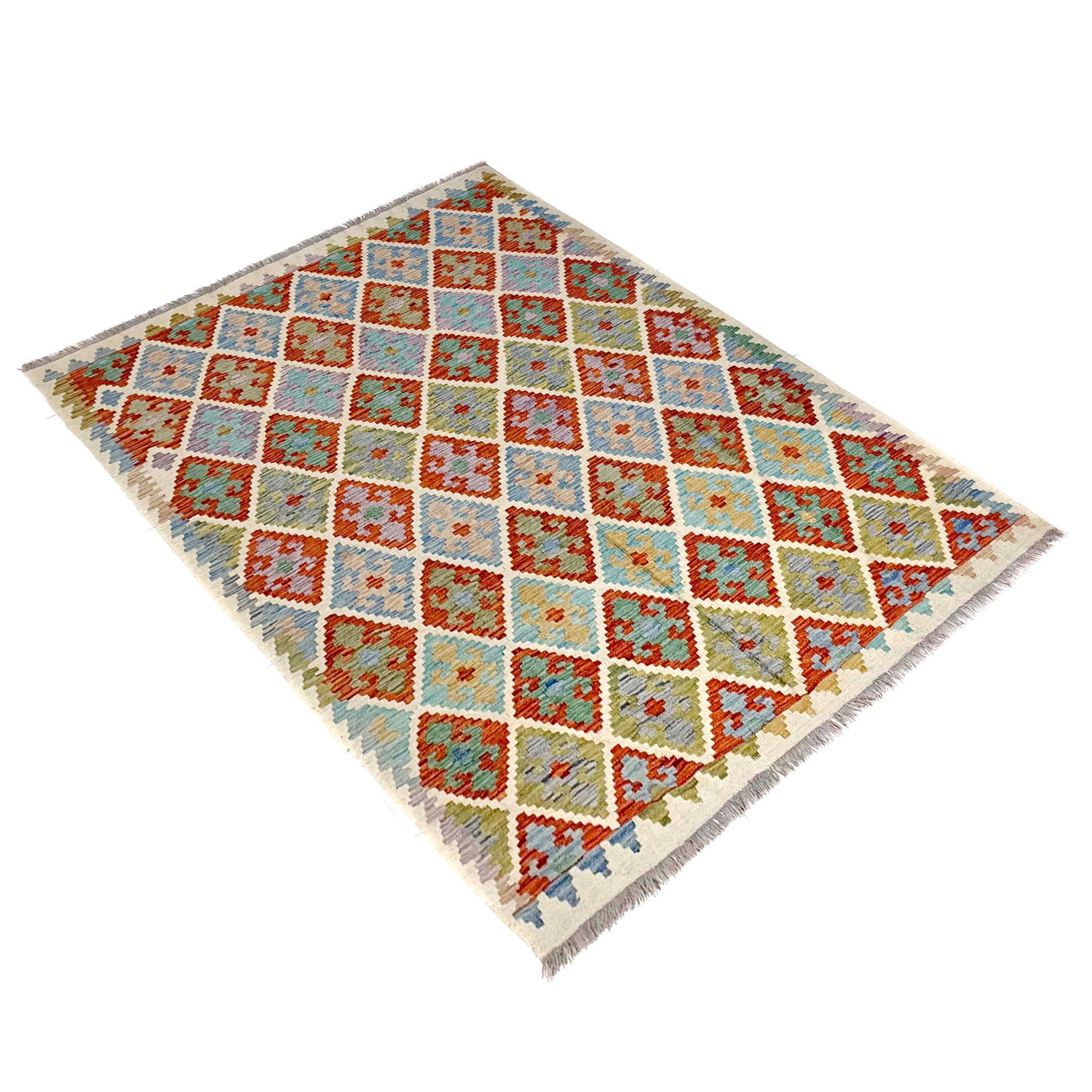 Multi Color ful Flat-Weave Wool Kilim 6' 1" x 7' 11" ft / 186 x 242 cm - No. Y39463
