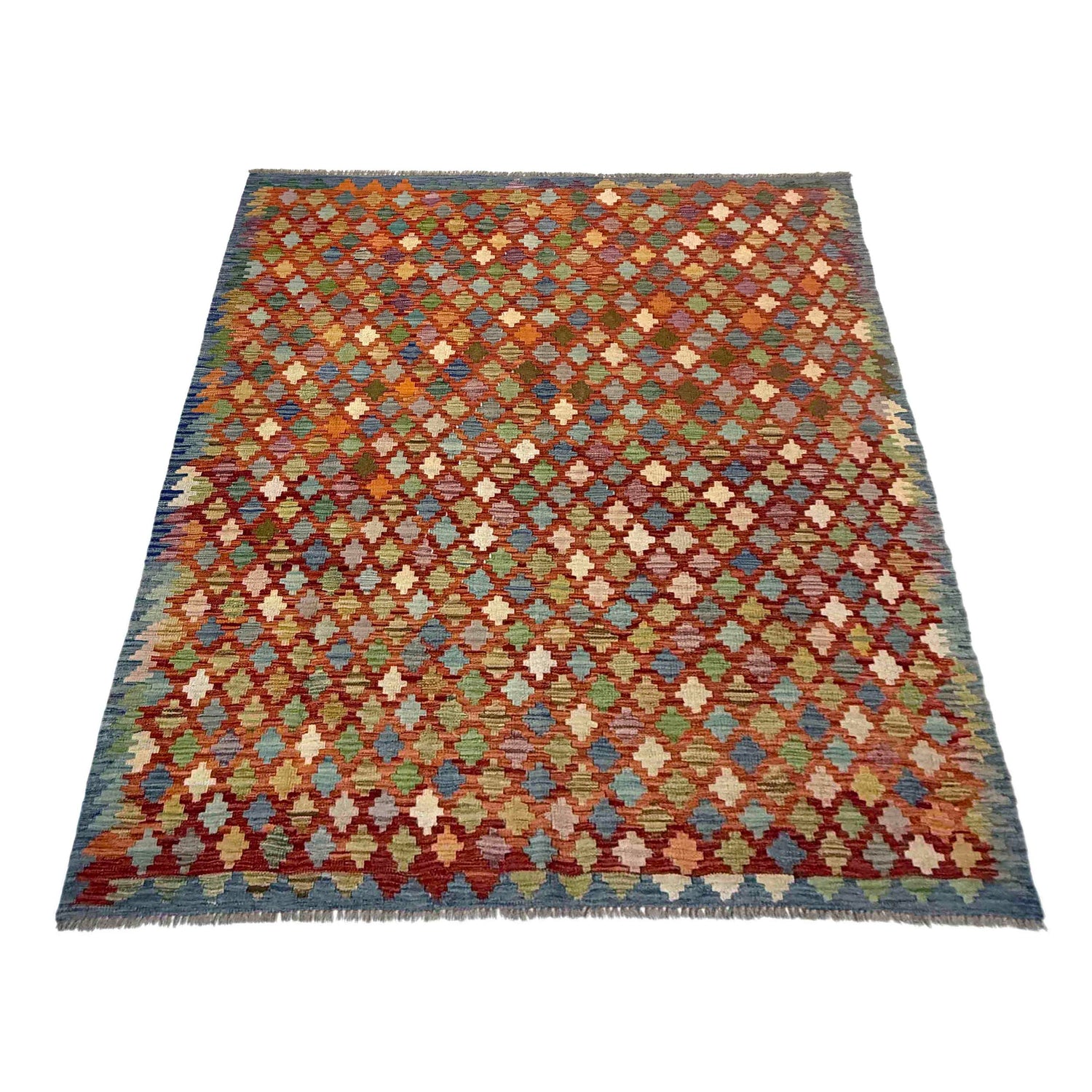 Multi Color ful Flat-Weave Wool Kilim 5' 11" x 8' 0" ft / 180 x 245 cm - No. Y39464