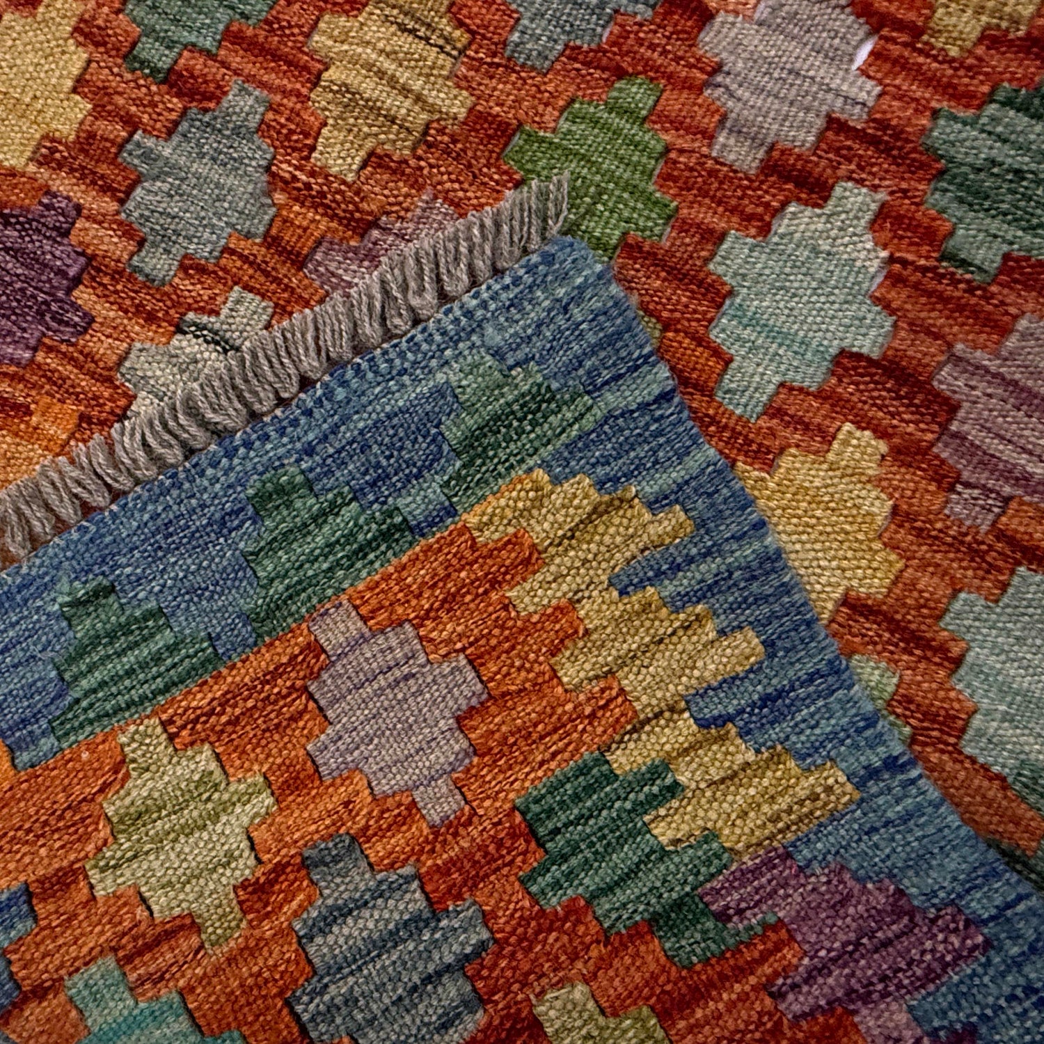 Multi Color ful Flat-Weave Wool Kilim 5' 11" x 8' 0" ft / 180 x 245 cm - No. Y39464