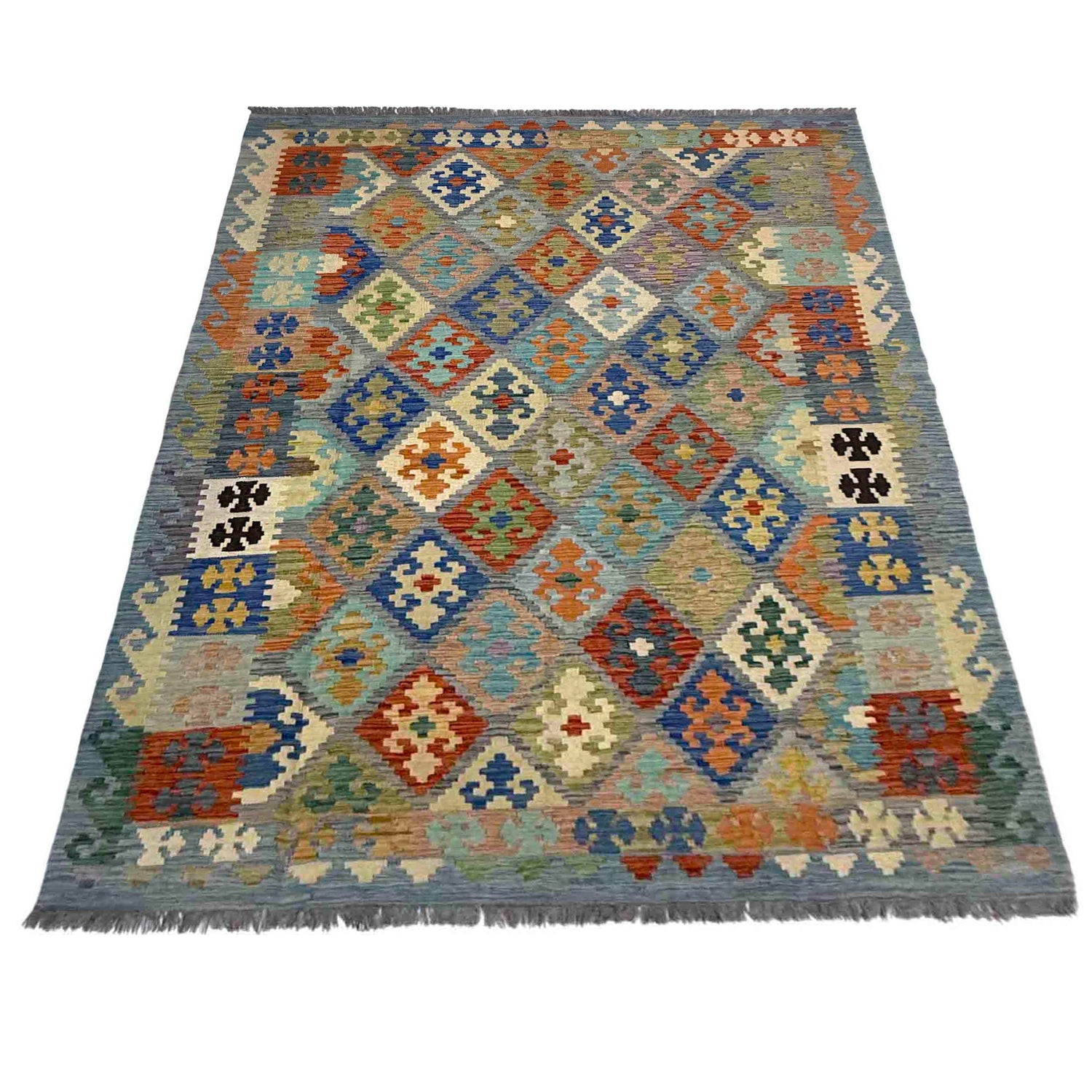 Multi Color ful Flat-Weave Wool Kilim 5' 8" x 8' 5" ft / 173 x 257 cm - No. Y39476