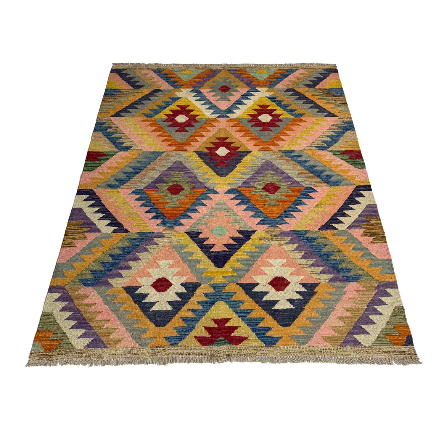 Multi Color ful Flat-Weave Wool Kilim 4' 3" x 5' 11" ft / 130 x 180 cm - No. Y39486