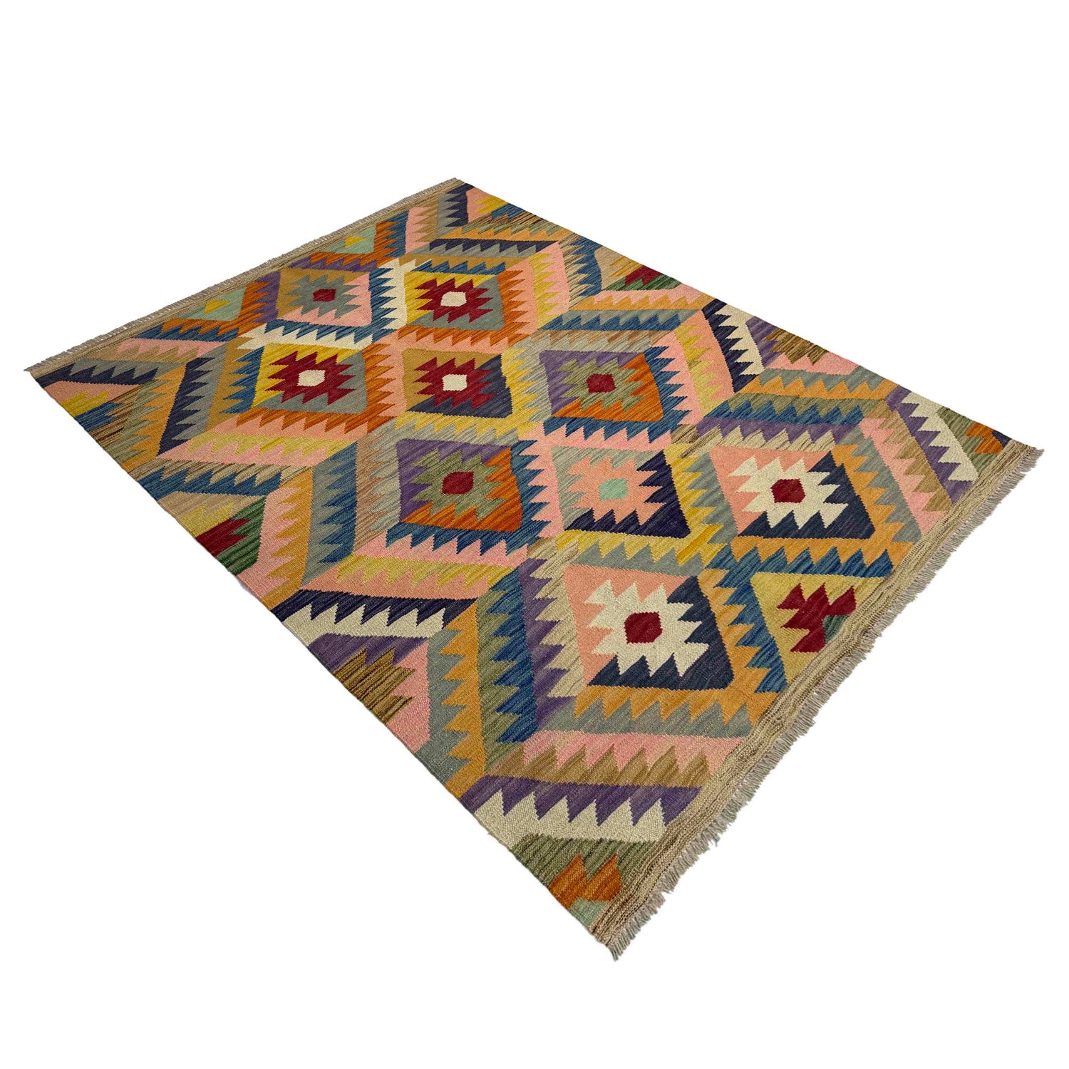 Multi Color ful Flat-Weave Wool Kilim 4' 3" x 5' 11" ft / 130 x 180 cm - No. Y39486