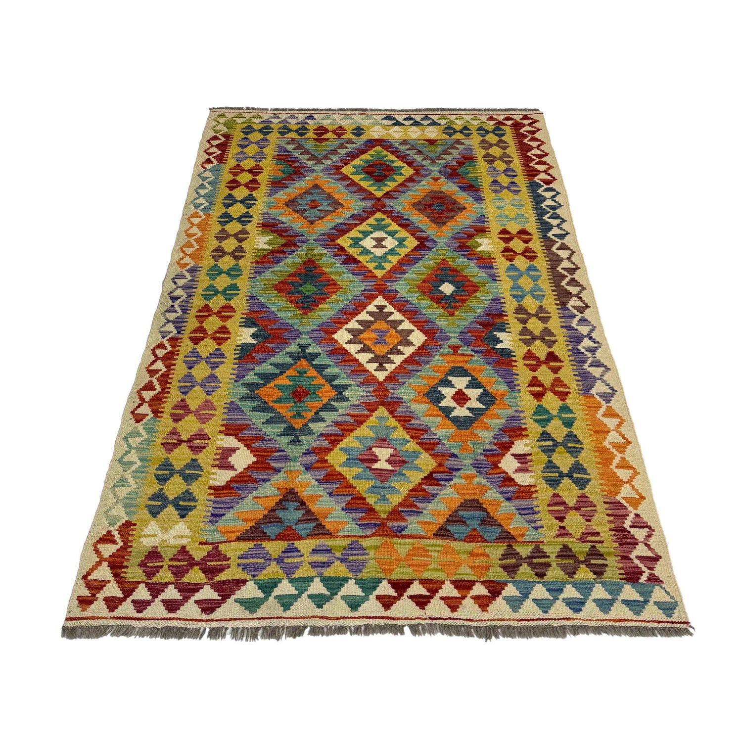 Hand Knotted Afghan Style Kilim 4' 2" x 6' 11" ft / 127 x 210 cm - No. Y39491