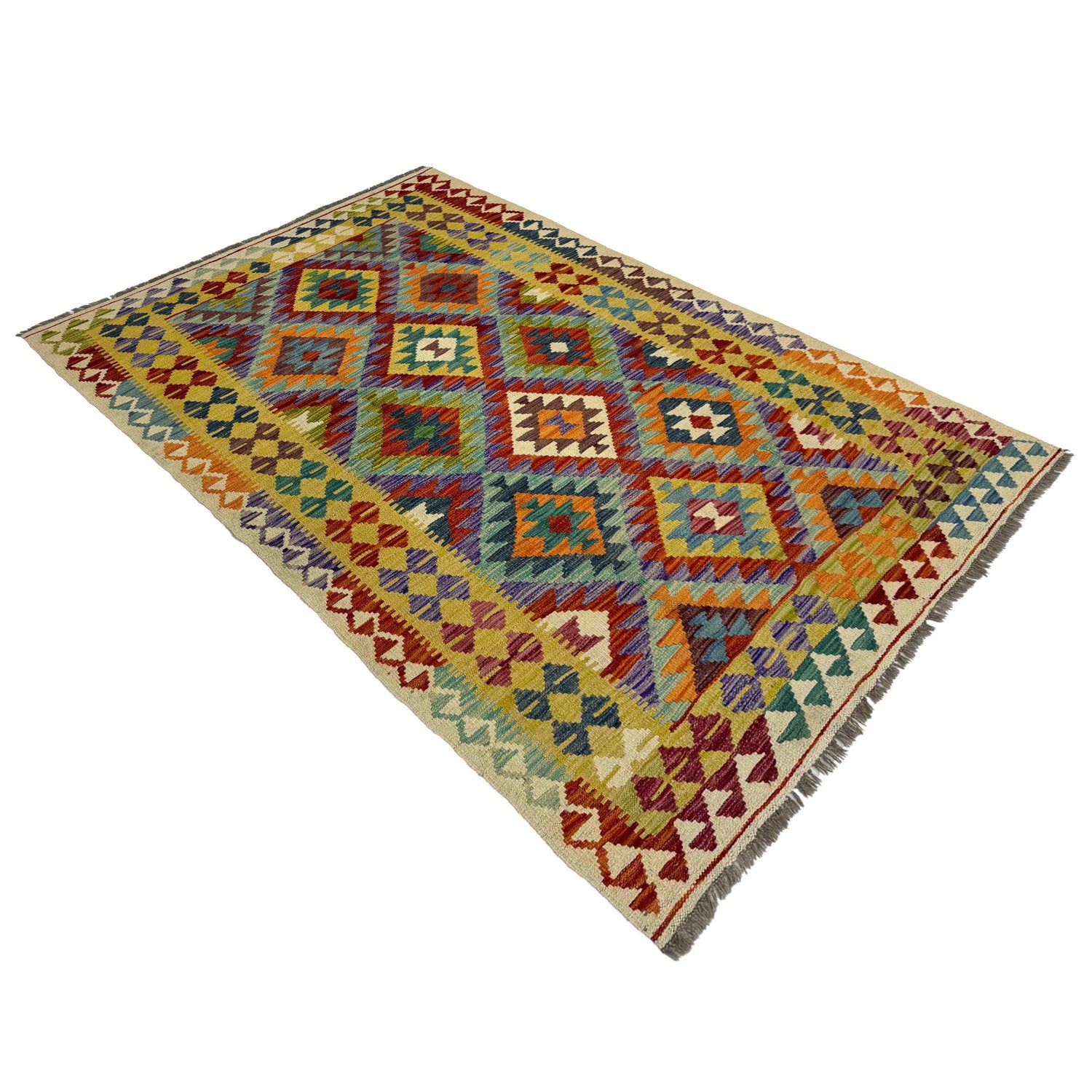 Hand Knotted Afghan Style Kilim 4' 2" x 6' 11" ft / 127 x 210 cm - No. Y39491