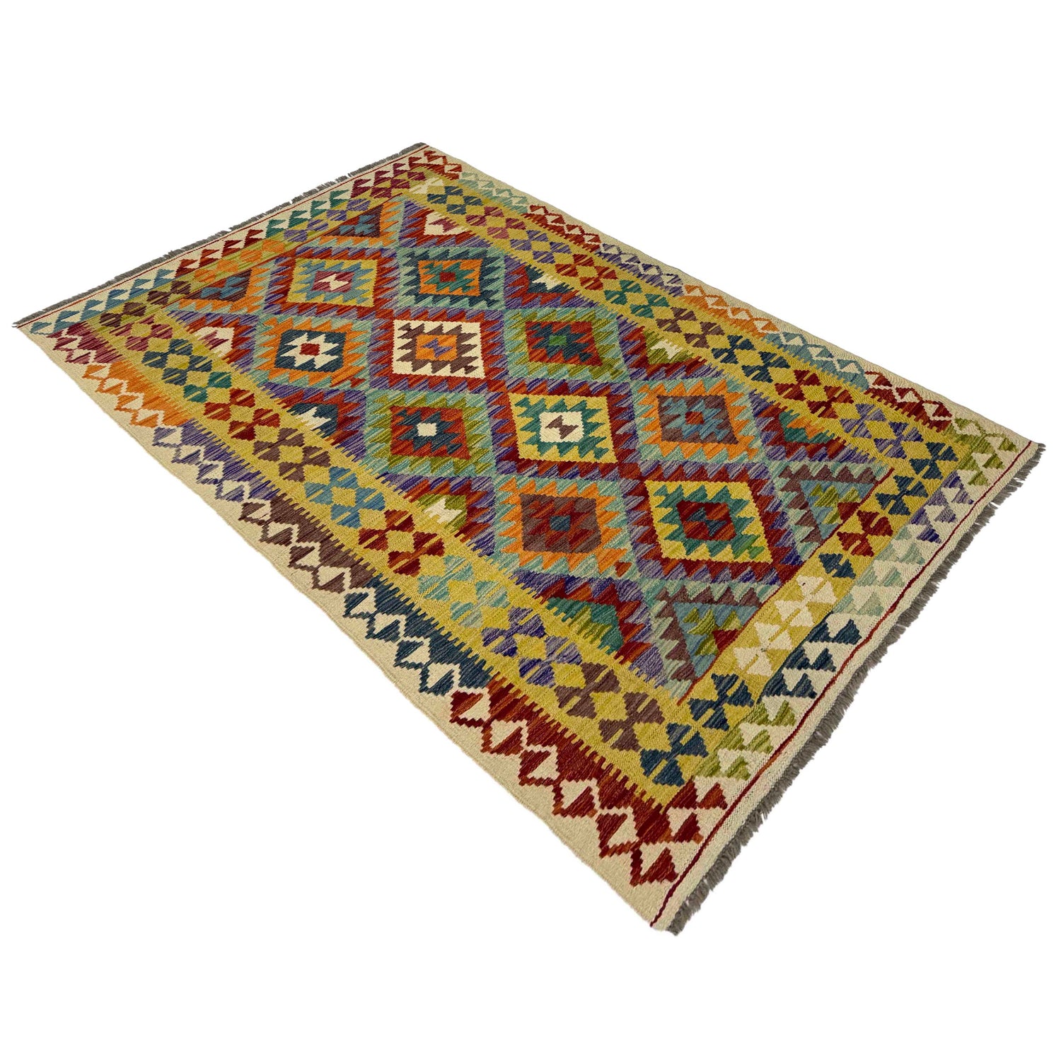 Hand Knotted Afghan Style Kilim 4' 2" x 6' 11" ft / 127 x 210 cm - No. Y39491
