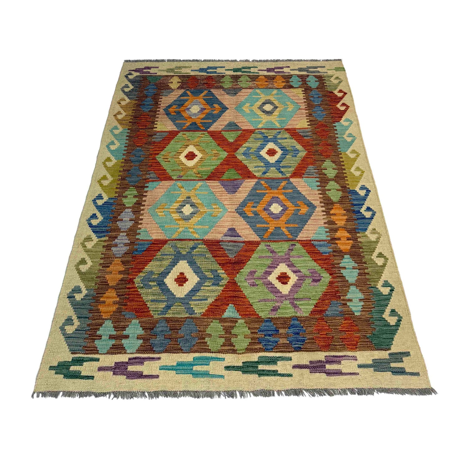 Multi Color ful Flat-Weave Wool Kilim 4' 0" x 6' 6" ft / 123 x 198 cm - No. Y39507