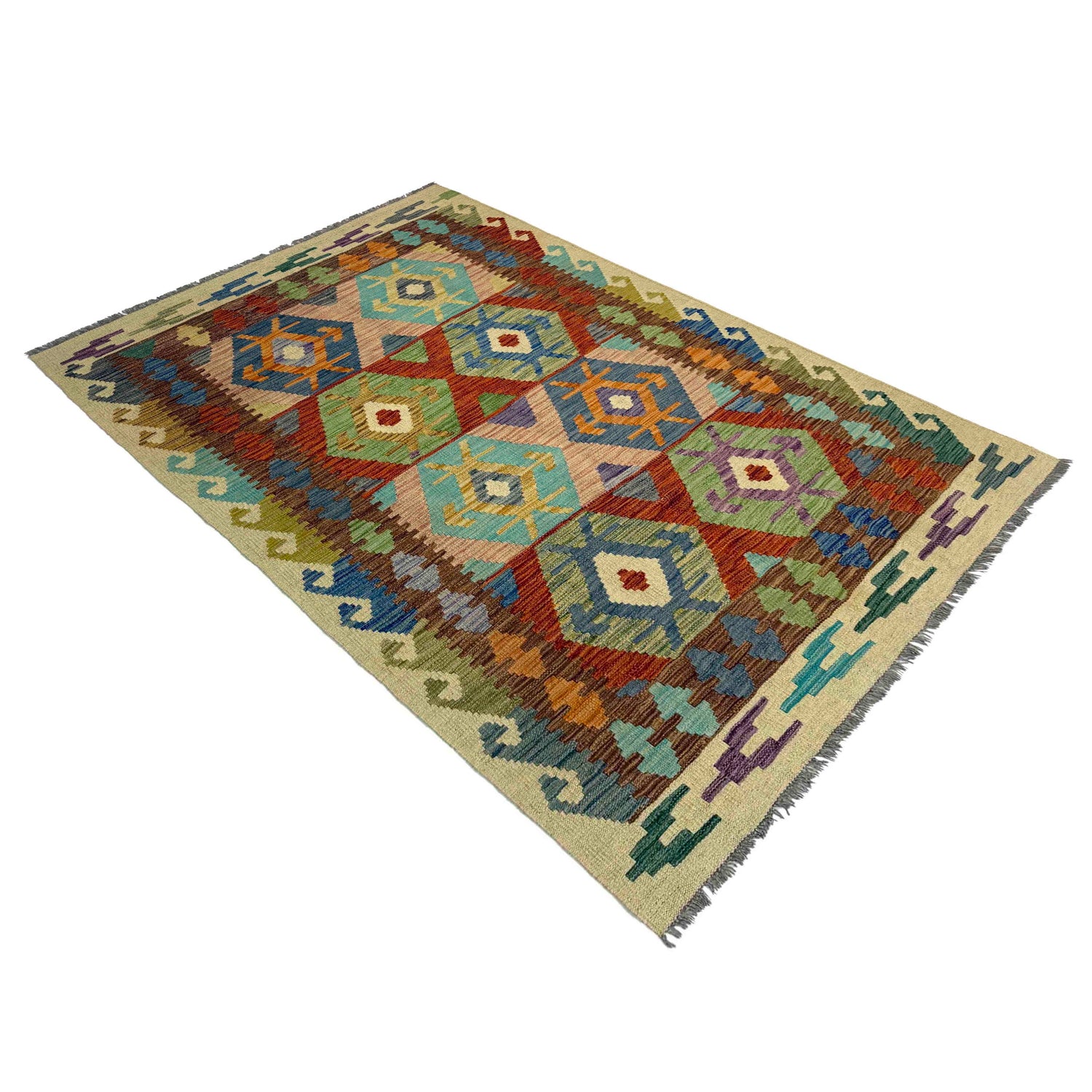 Multi Color ful Flat-Weave Wool Kilim 4' 0" x 6' 6" ft / 123 x 198 cm - No. Y39507