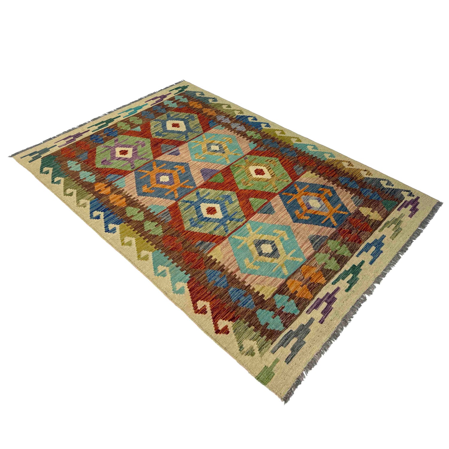 Multi Color ful Flat-Weave Wool Kilim 4' 0" x 6' 6" ft / 123 x 198 cm - No. Y39507
