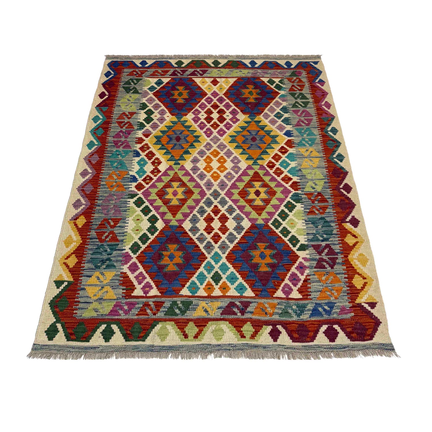 Hand Knotted Afghan Style Kilim 4' 2" x 6' 0" ft / 127 x 183 cm - No. Y39512