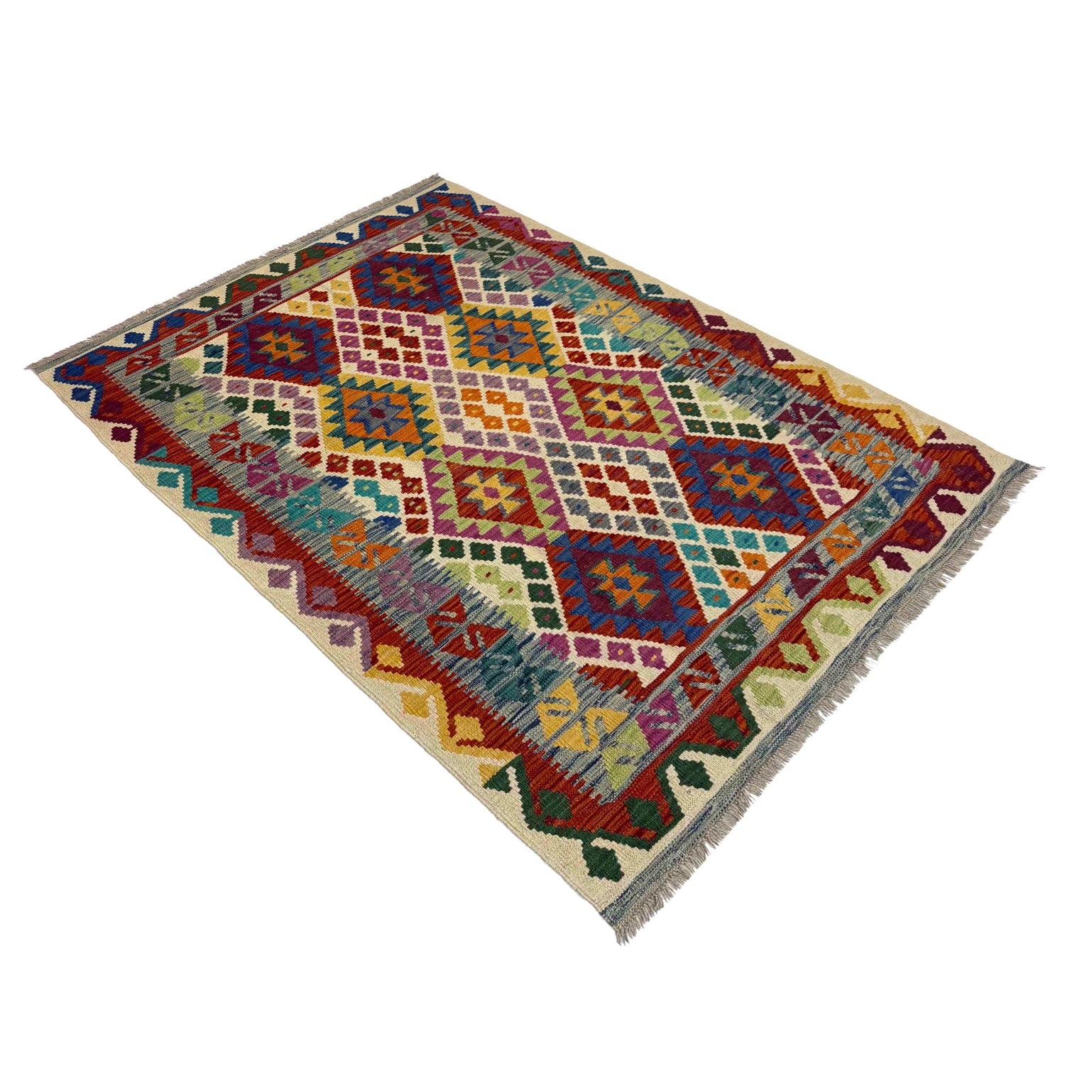 Hand Knotted Afghan Style Kilim 4' 2" x 6' 0" ft / 127 x 183 cm - No. Y39512